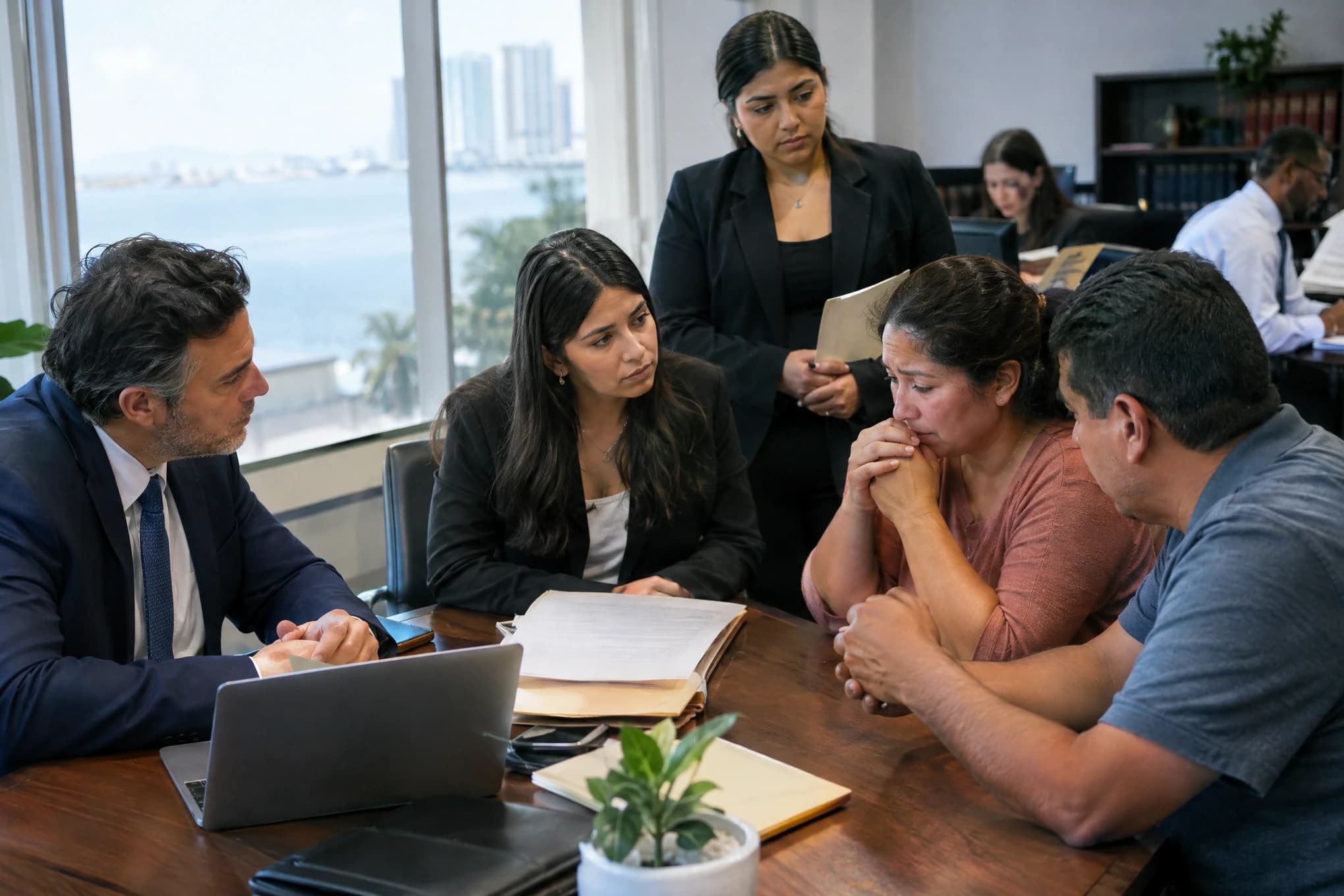 Two attorneys and a paralegal listen to a worried family in a law office