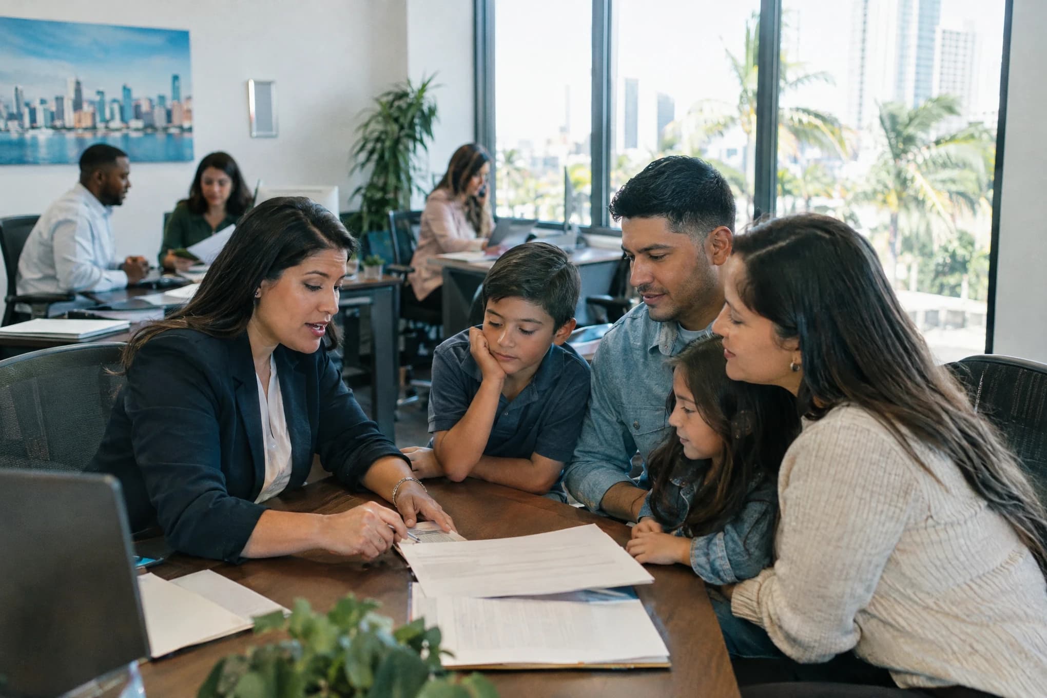 An agent explains coverage to a family of four while colleagues help other clients