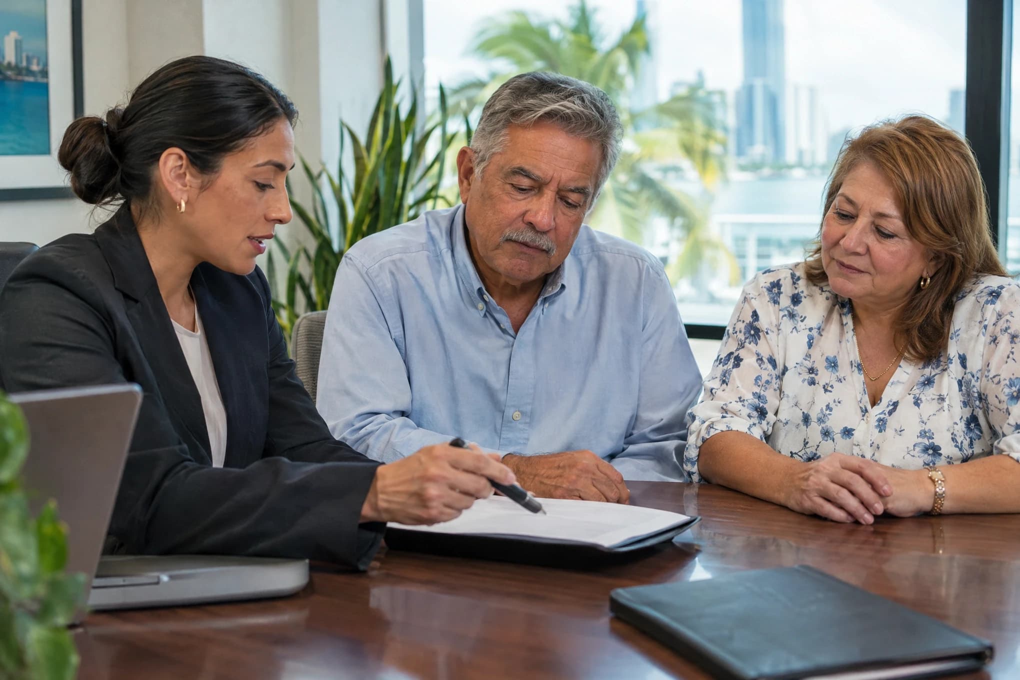An insurance agent explains a policy to an older Hispanic couple across the desk