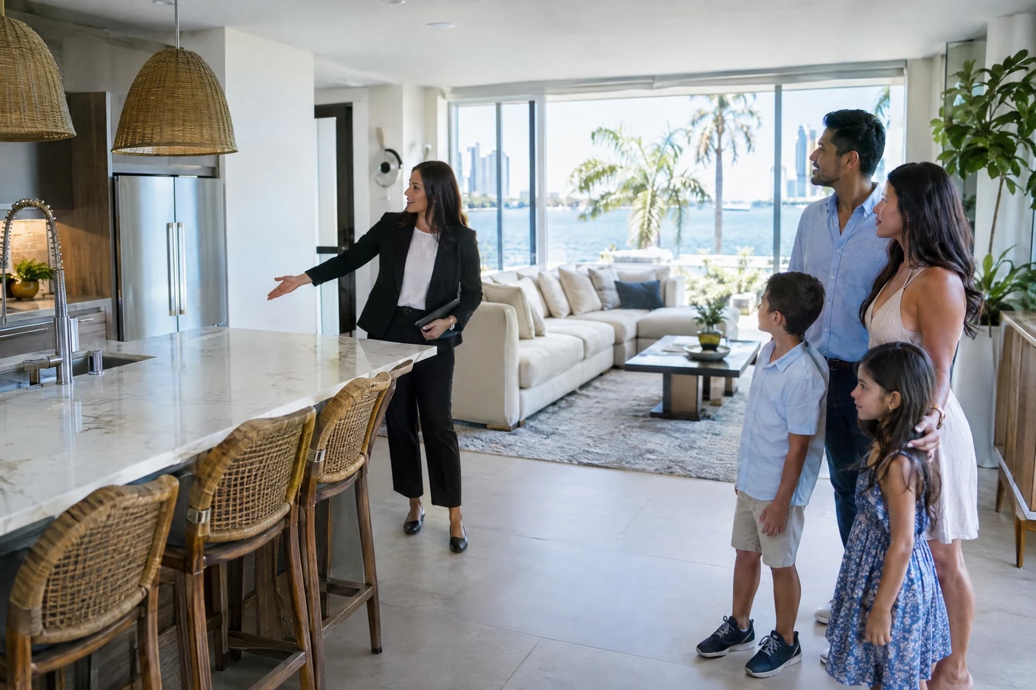 Una agente inmobiliaria muestra la cocina abierta y la sala de una casa moderna en Miami a una familia joven