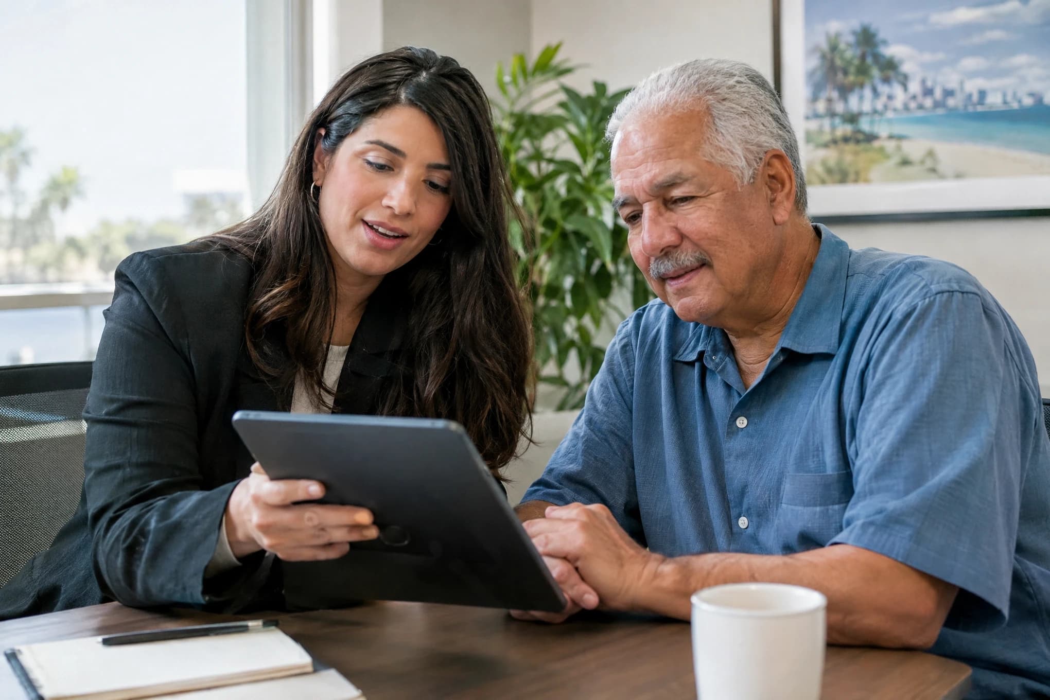 An agent reviews plan options on a tablet next to a senior client in a consultation room