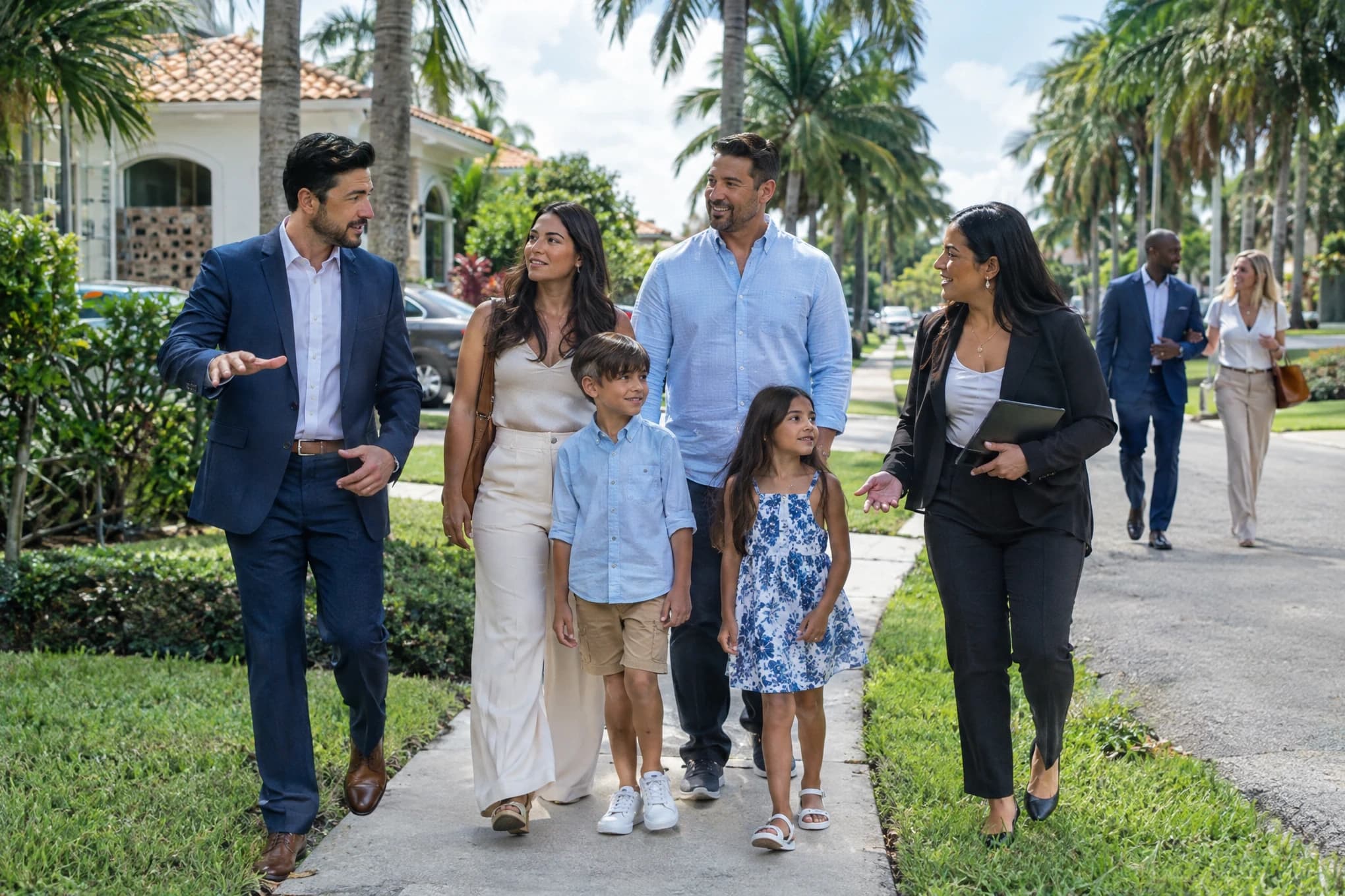 Dos agentes recorren con una familia una calle de un barrio de Miami con palmeras