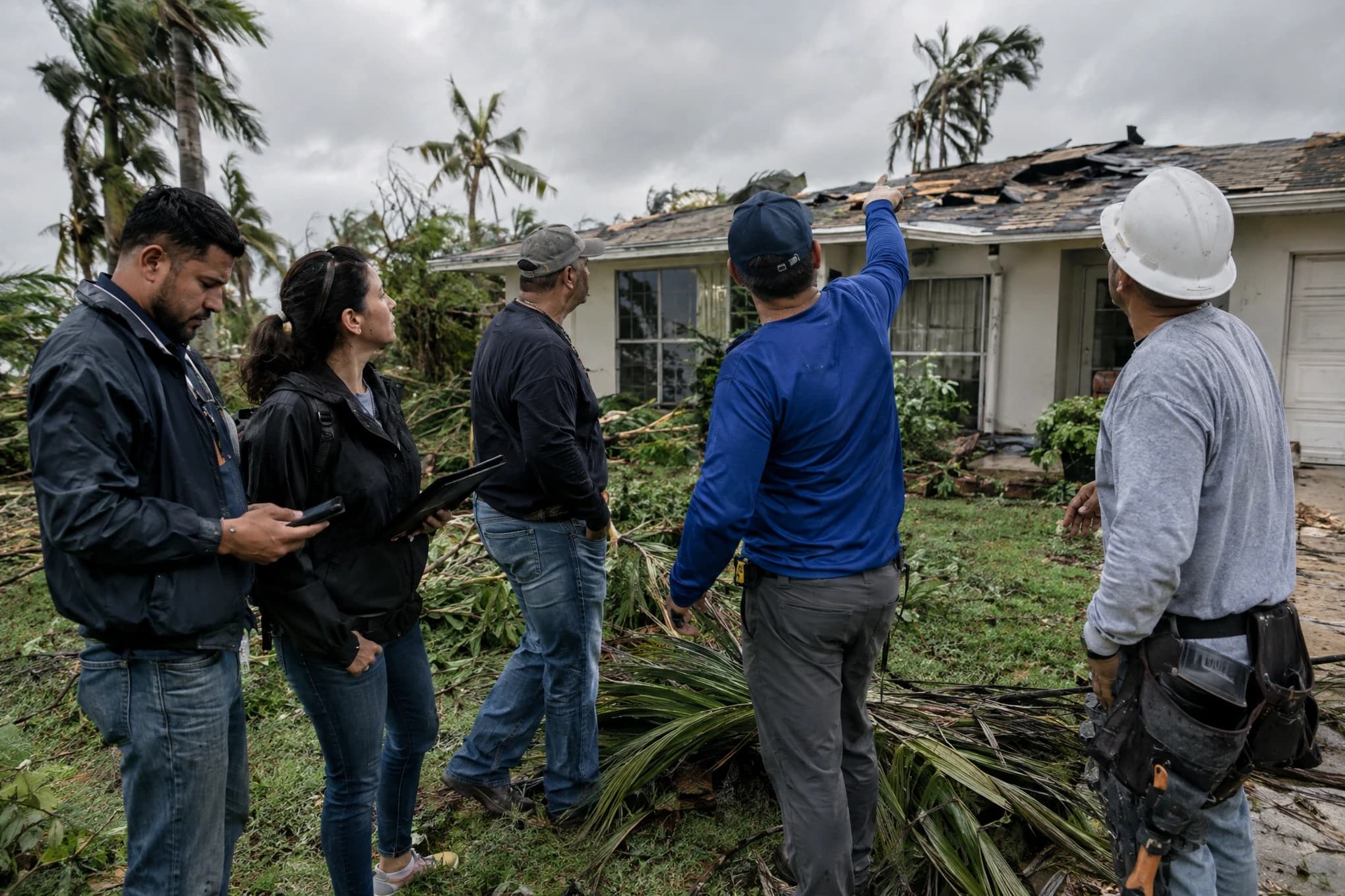 Five adjusters and roofers inspect a storm-damaged Florida home after a hurricane