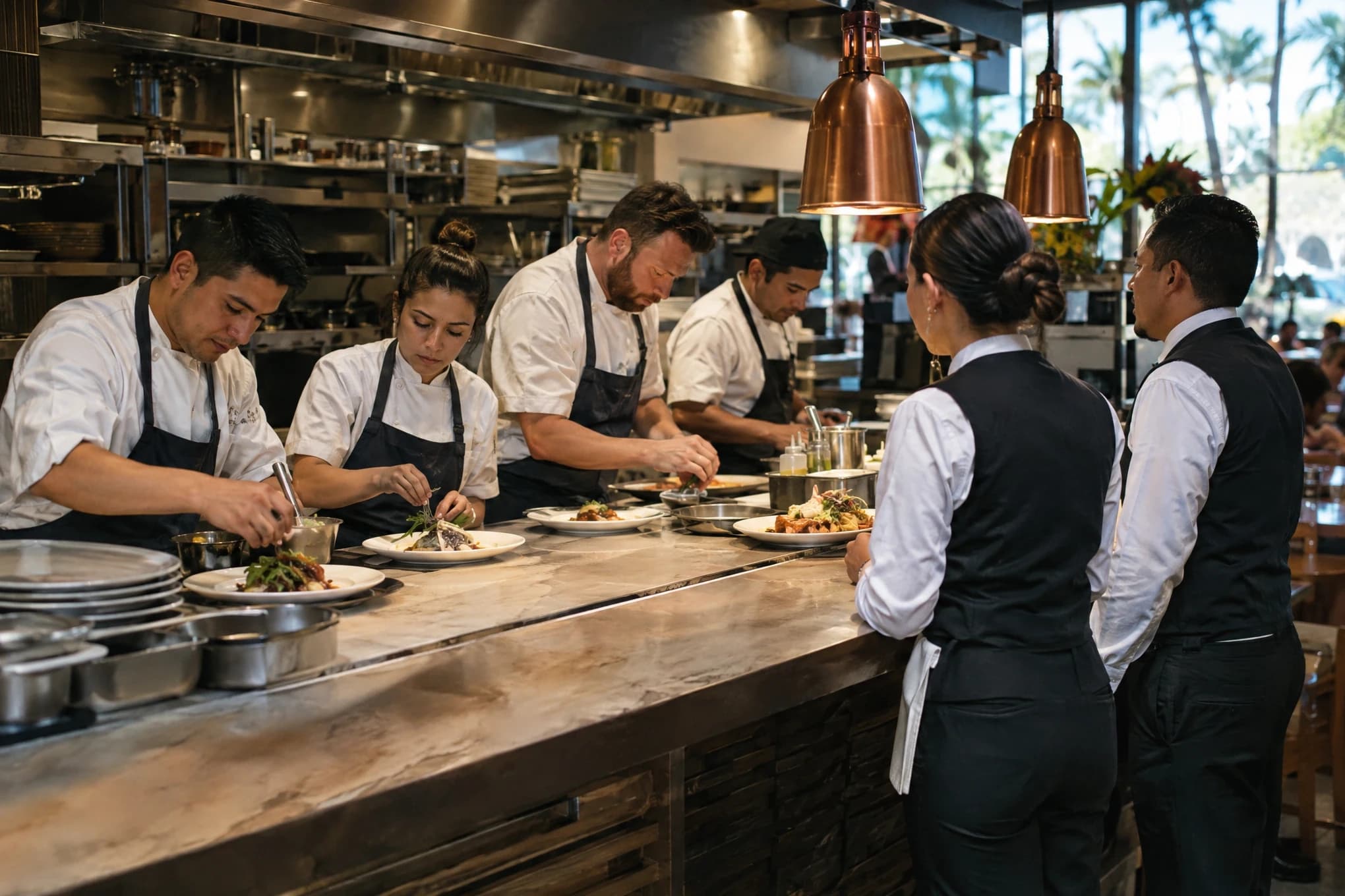 Cuatro cocineros emplatan en una cocina abierta mientras dos meseros esperan en el pase