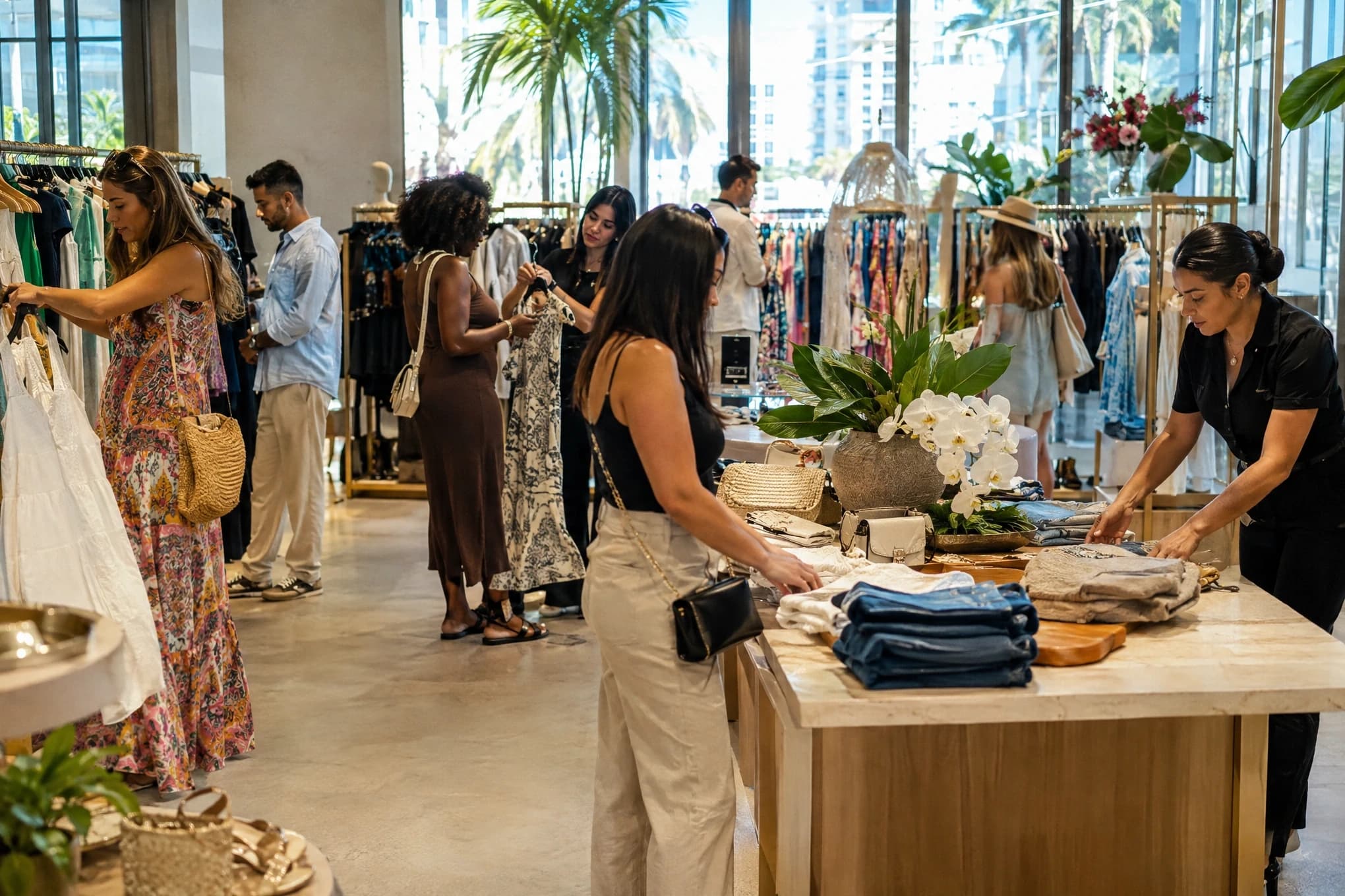 Clientes recorren una boutique grande en Miami mientras cinco vendedoras los atienden
