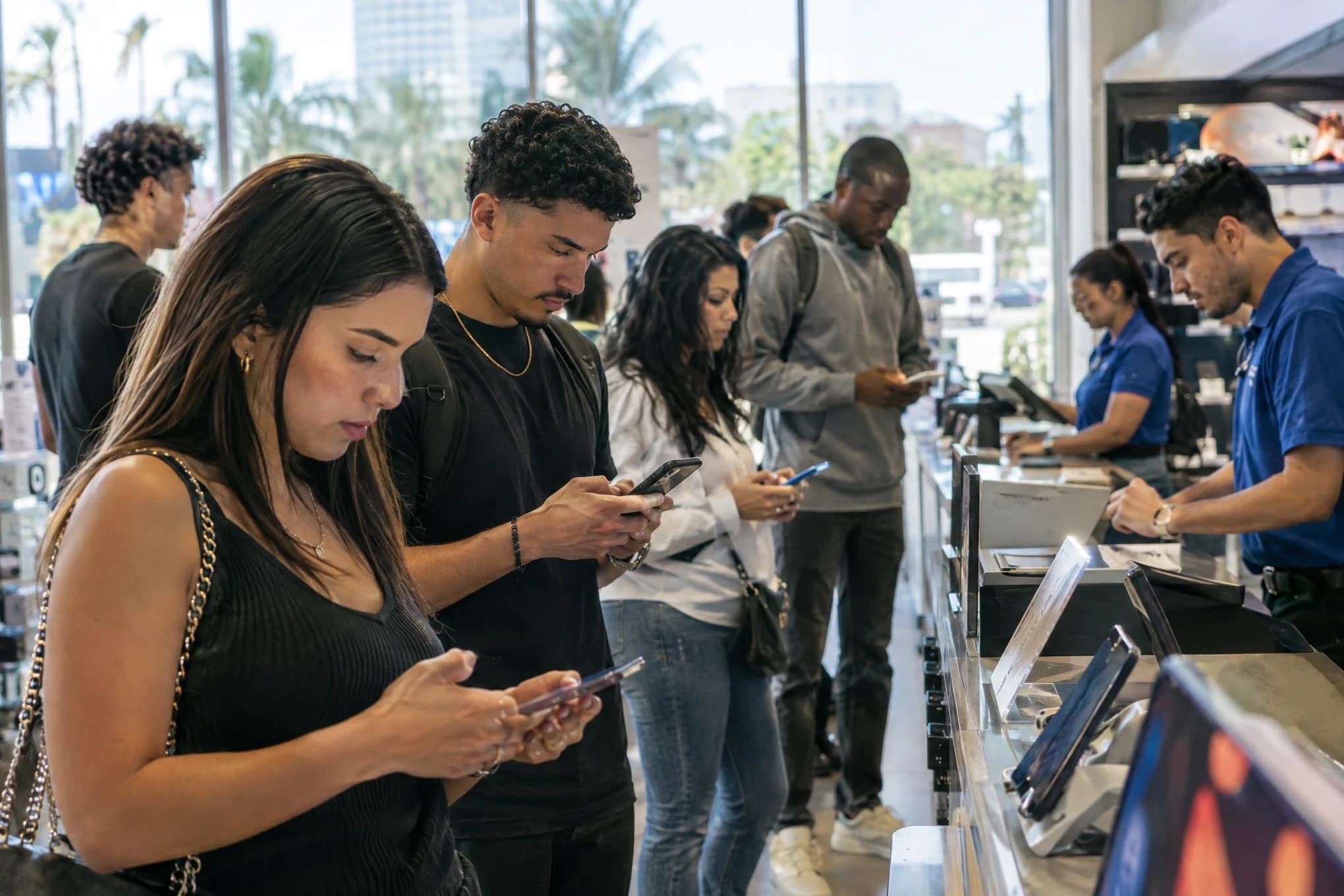 Customers browse a store's website on their phones while waiting in a busy store