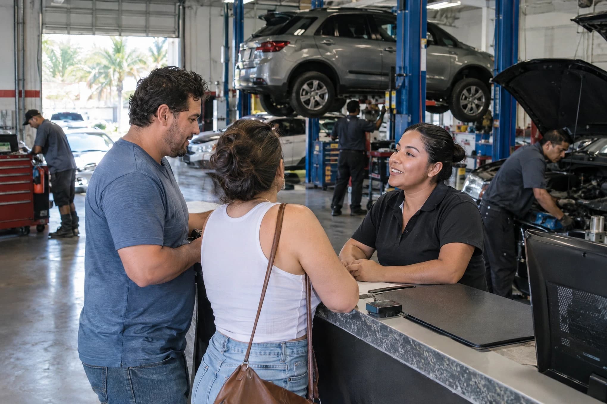 Clientes pagan y conversan en el mostrador de un taller mecánico grande mientras los mecánicos trabajan detrás