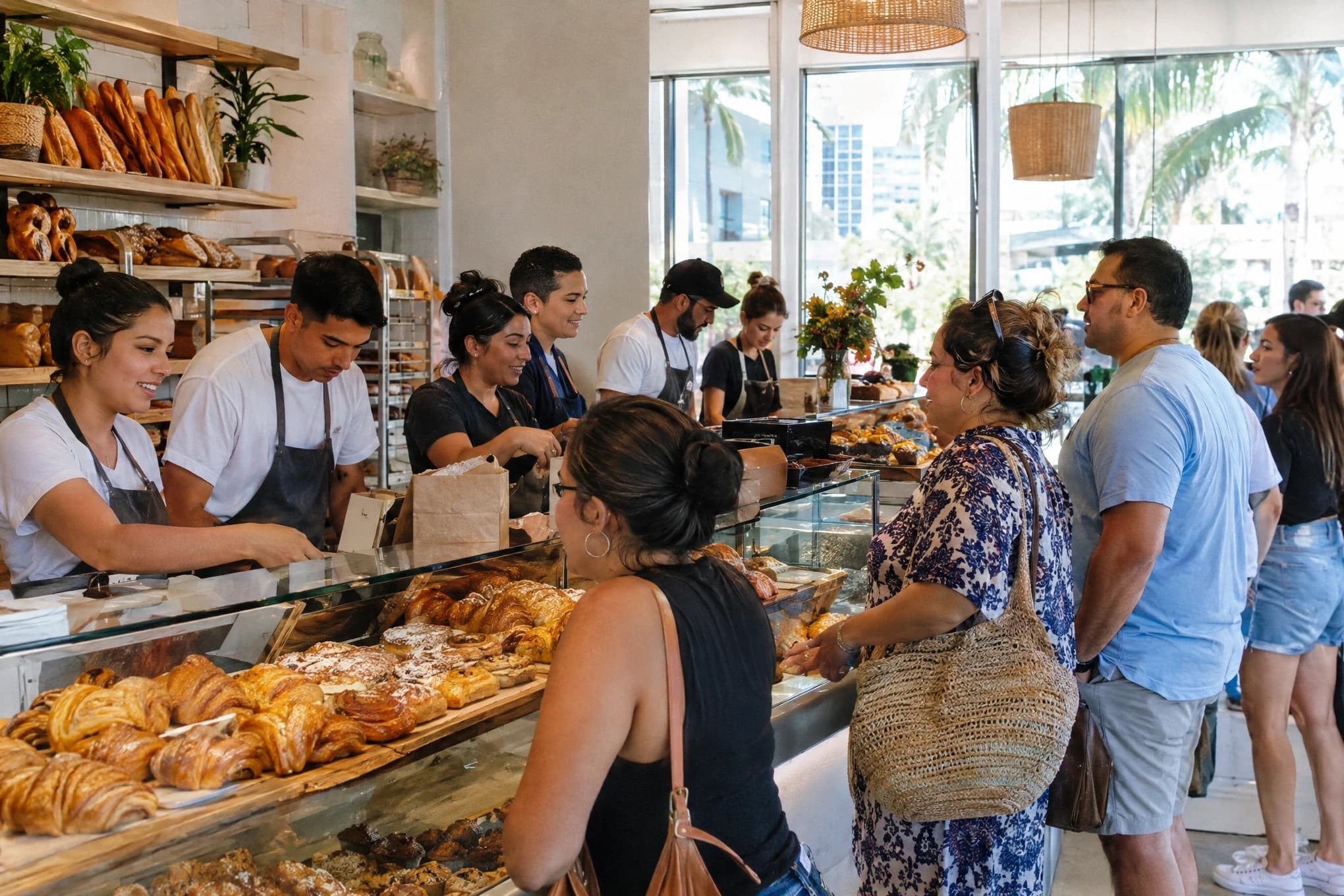 Clientes conversan con el personal de una panadería recién inaugurada en Miami, con seis empleados atendiendo