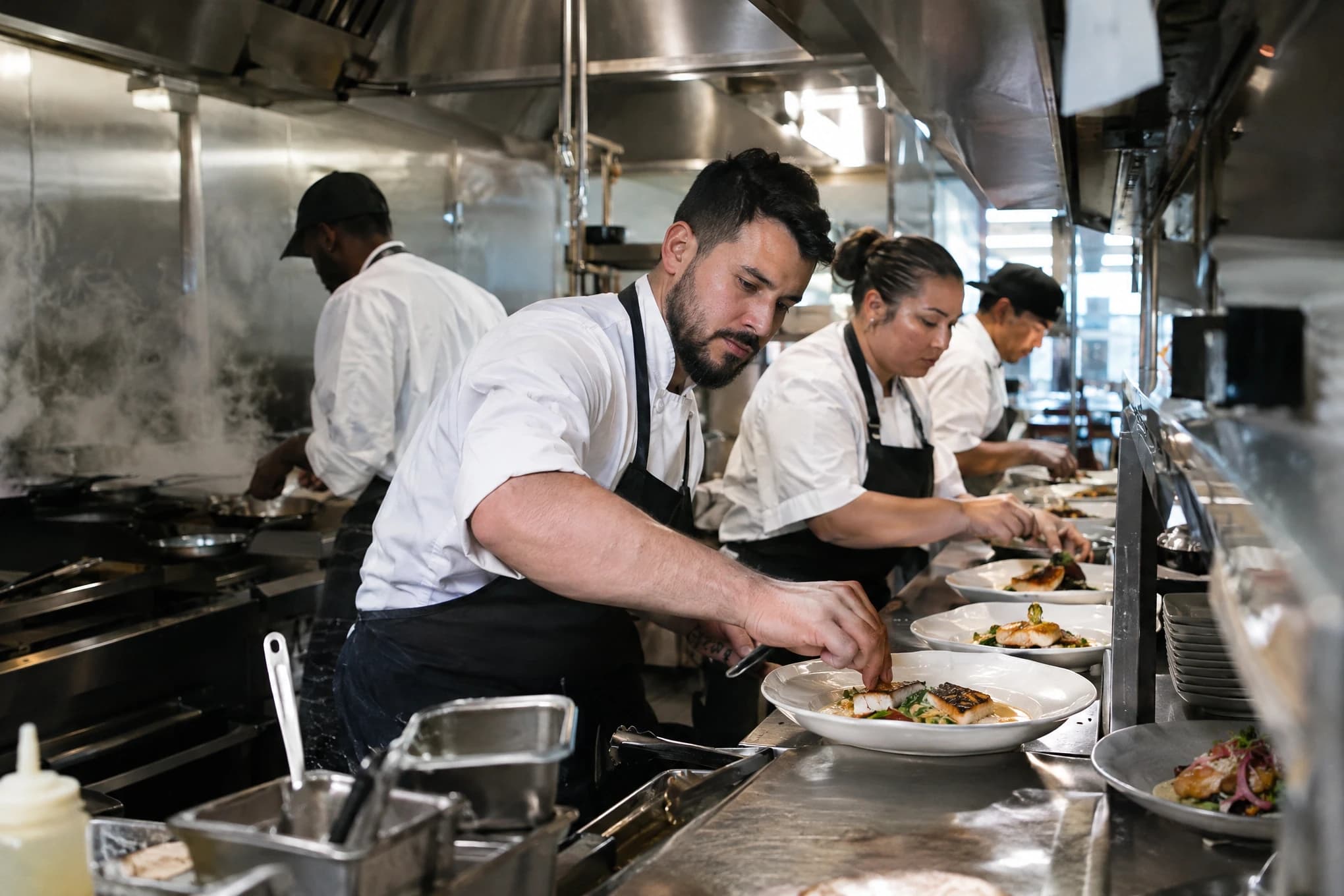 A chef and line cooks plate dishes at the pass of a professional kitchen, among steam and stainless steel
