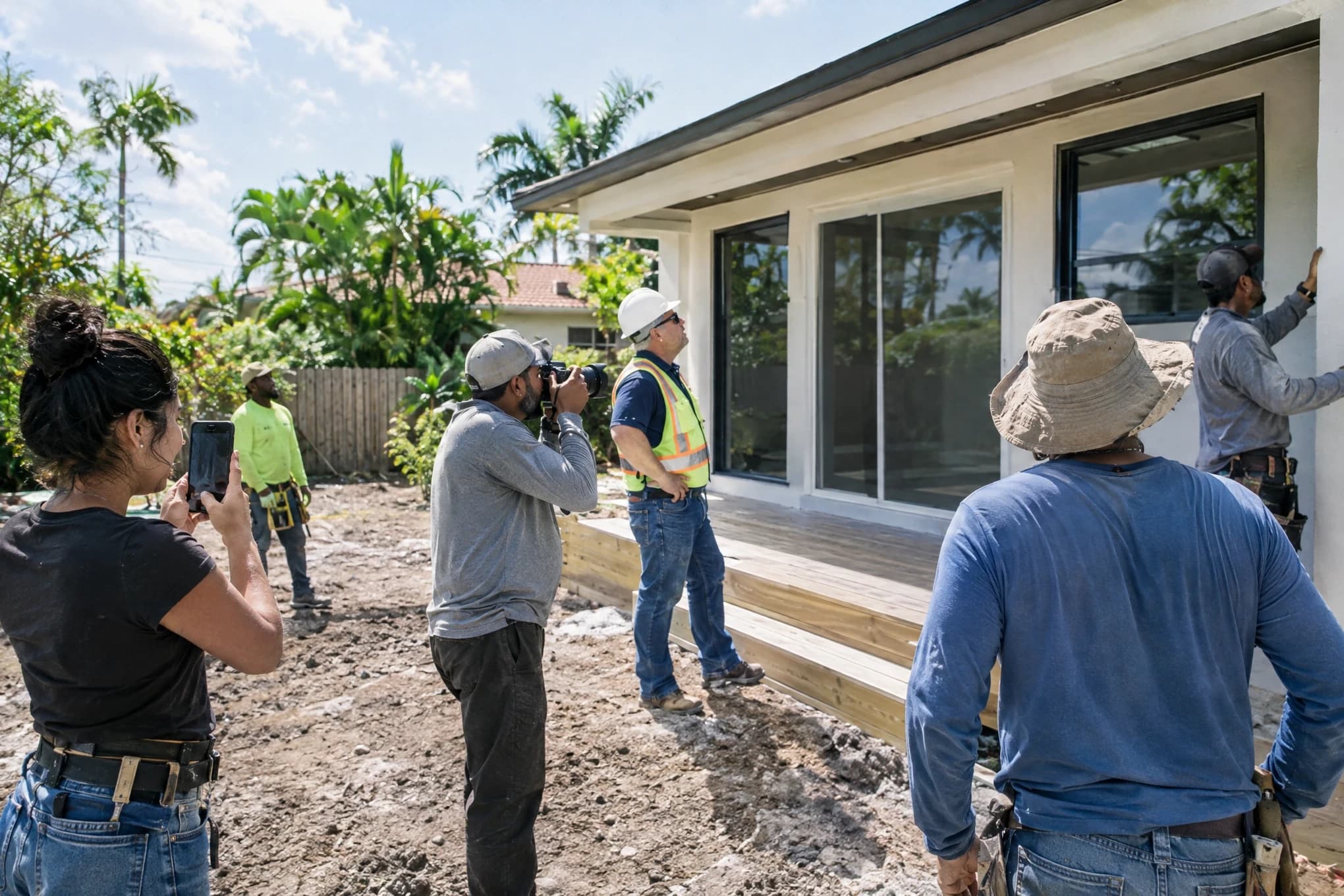 A six-person crew photographs a finished home addition while the foreman checks the work