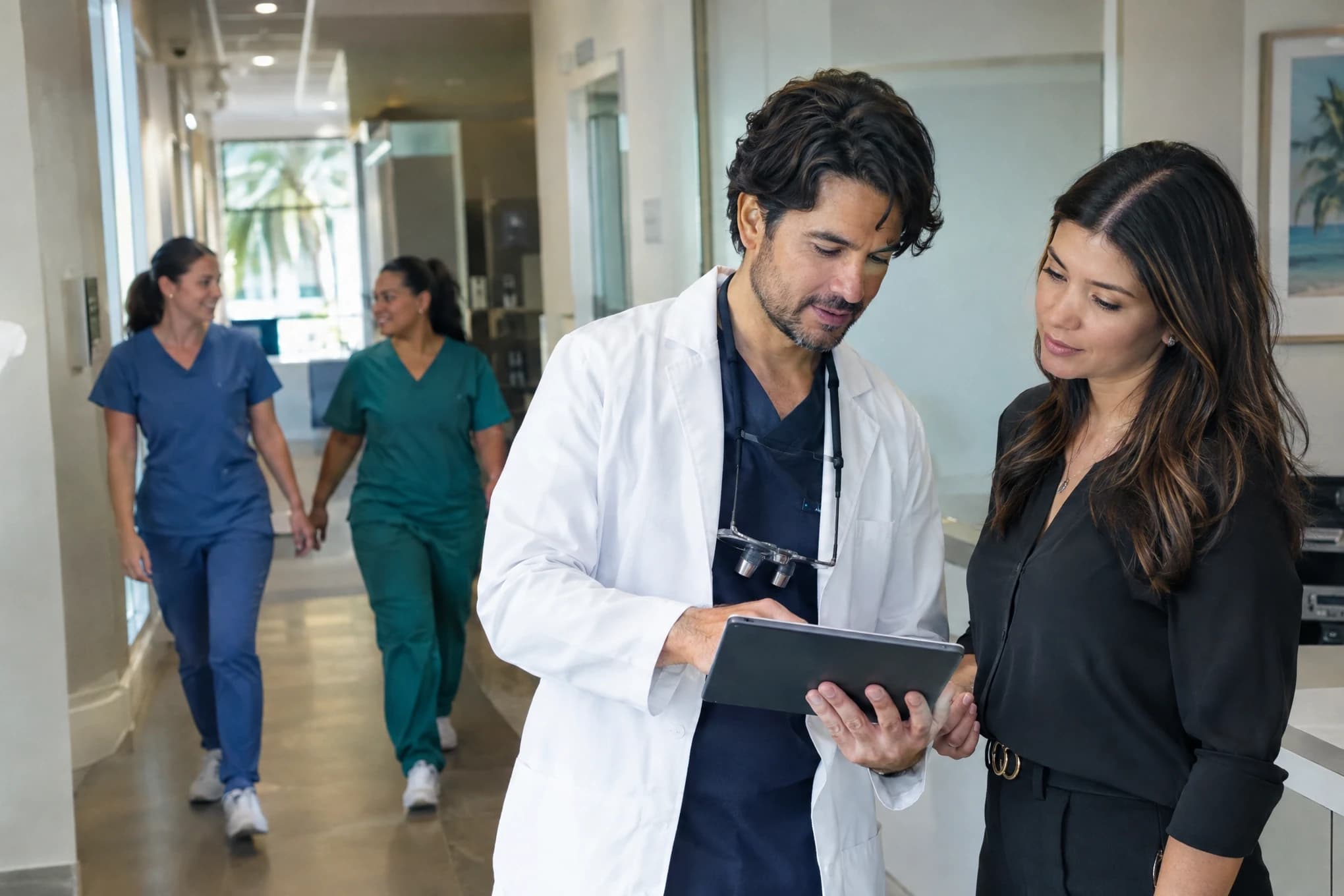 A dentist in a white coat reviews a tablet with the practice's marketing manager in a hallway as two hygienists walk by