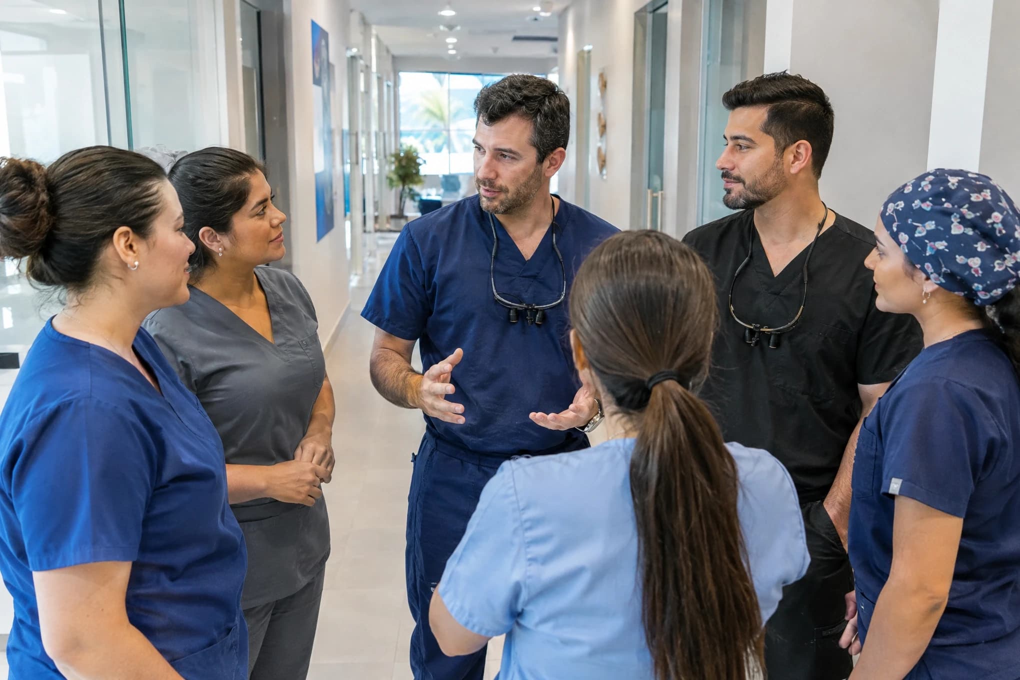 Three dentists and four assistants hold a morning huddle in a large dental clinic hallway