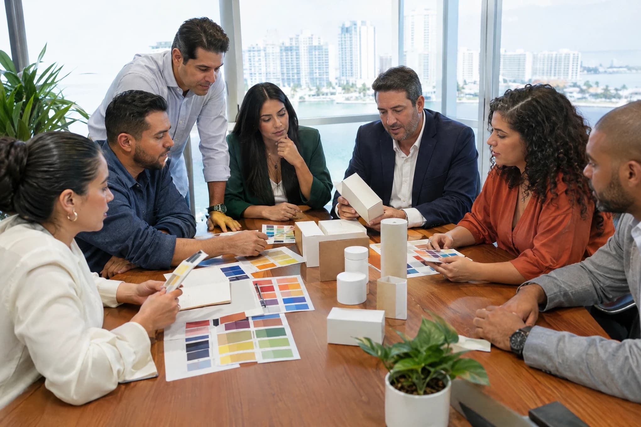 A mid-size company's leadership team reviews color swatches and blank packaging in a boardroom