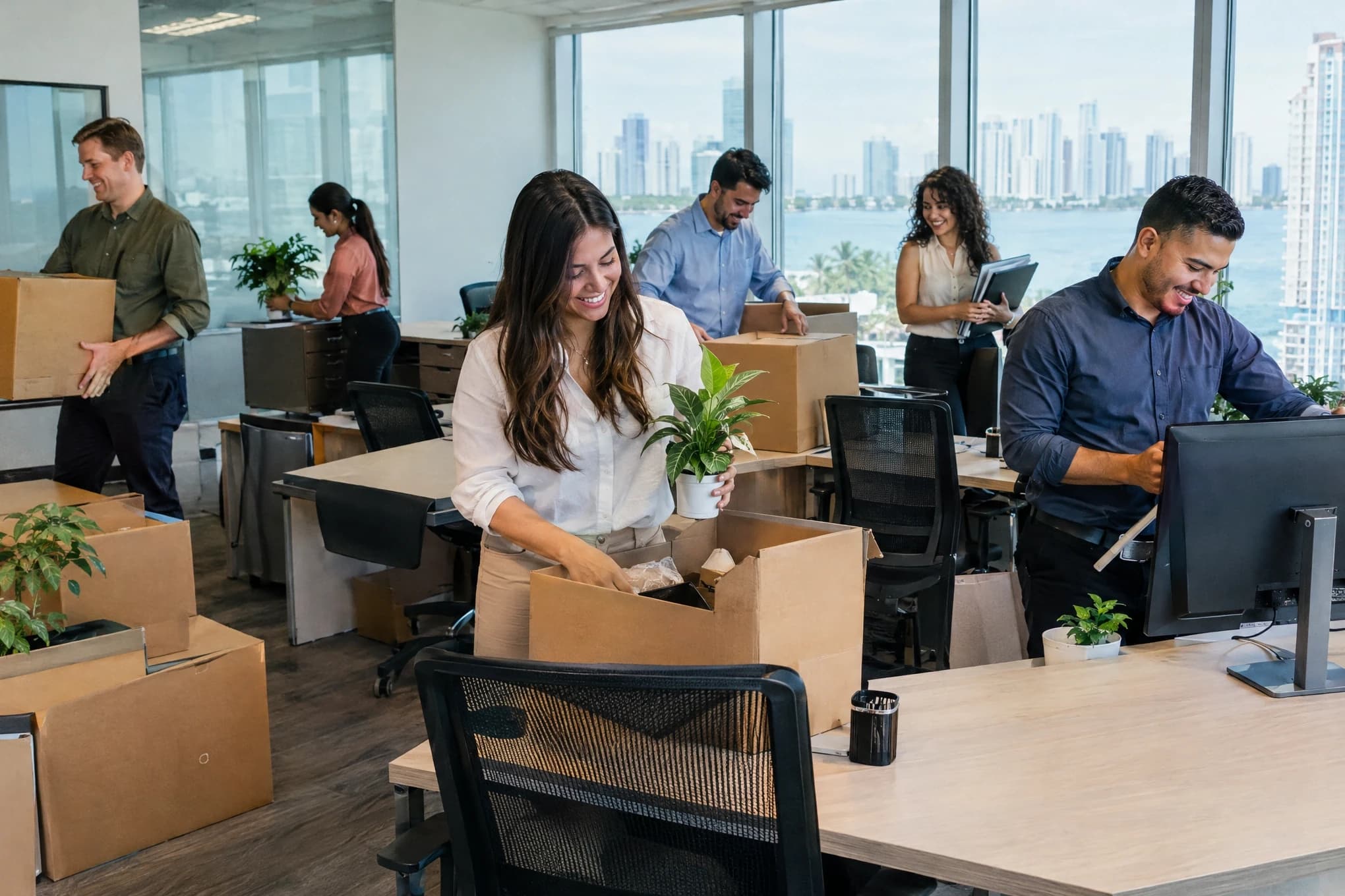 El equipo de siete personas de una firma contable recién abierta monta los escritorios de su oficina nueva