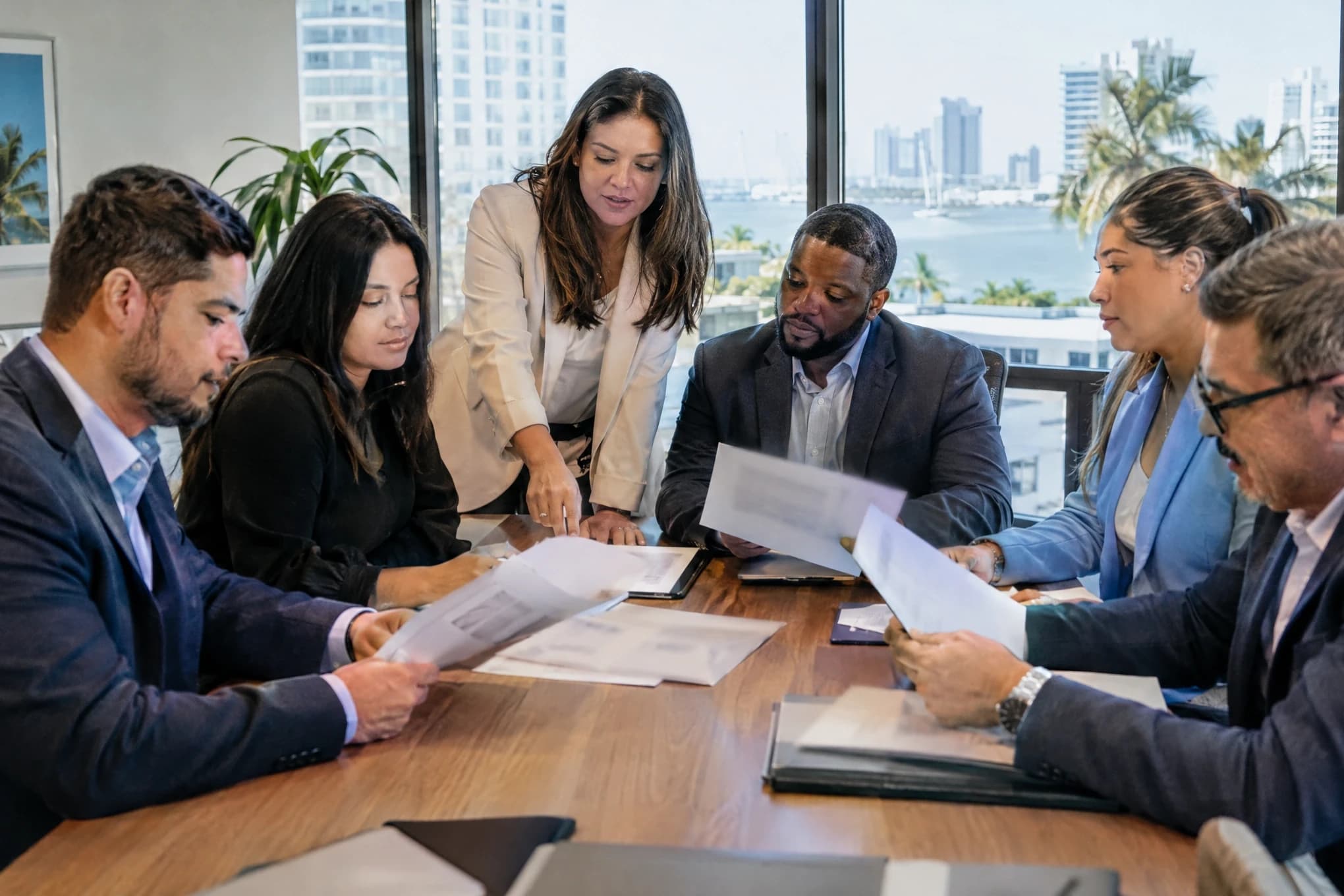 A compliance manager and five agents review unreadable policy summaries at a table
