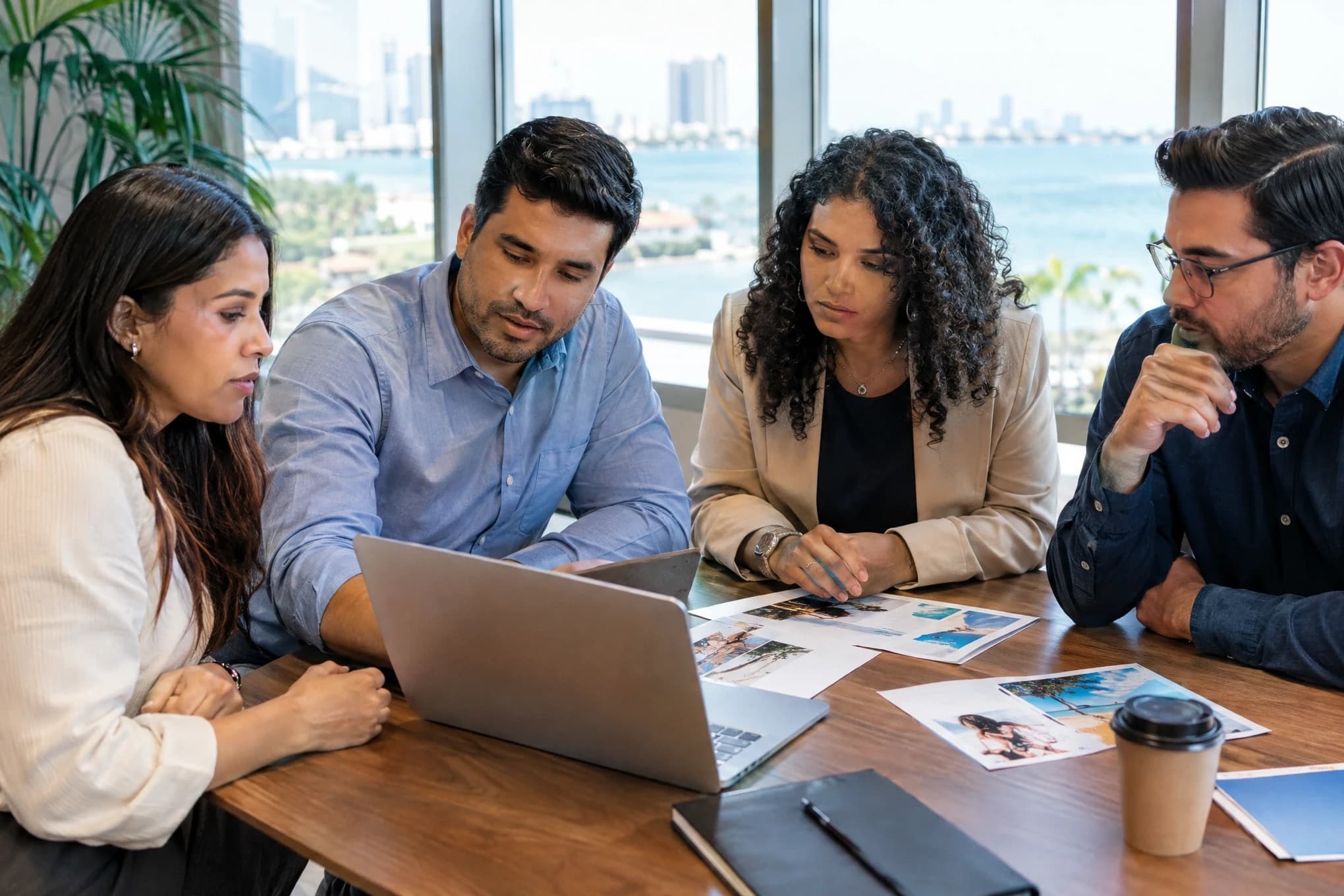 An insurance agency team reviews ad drafts on a laptop and printed sheets during a meeting