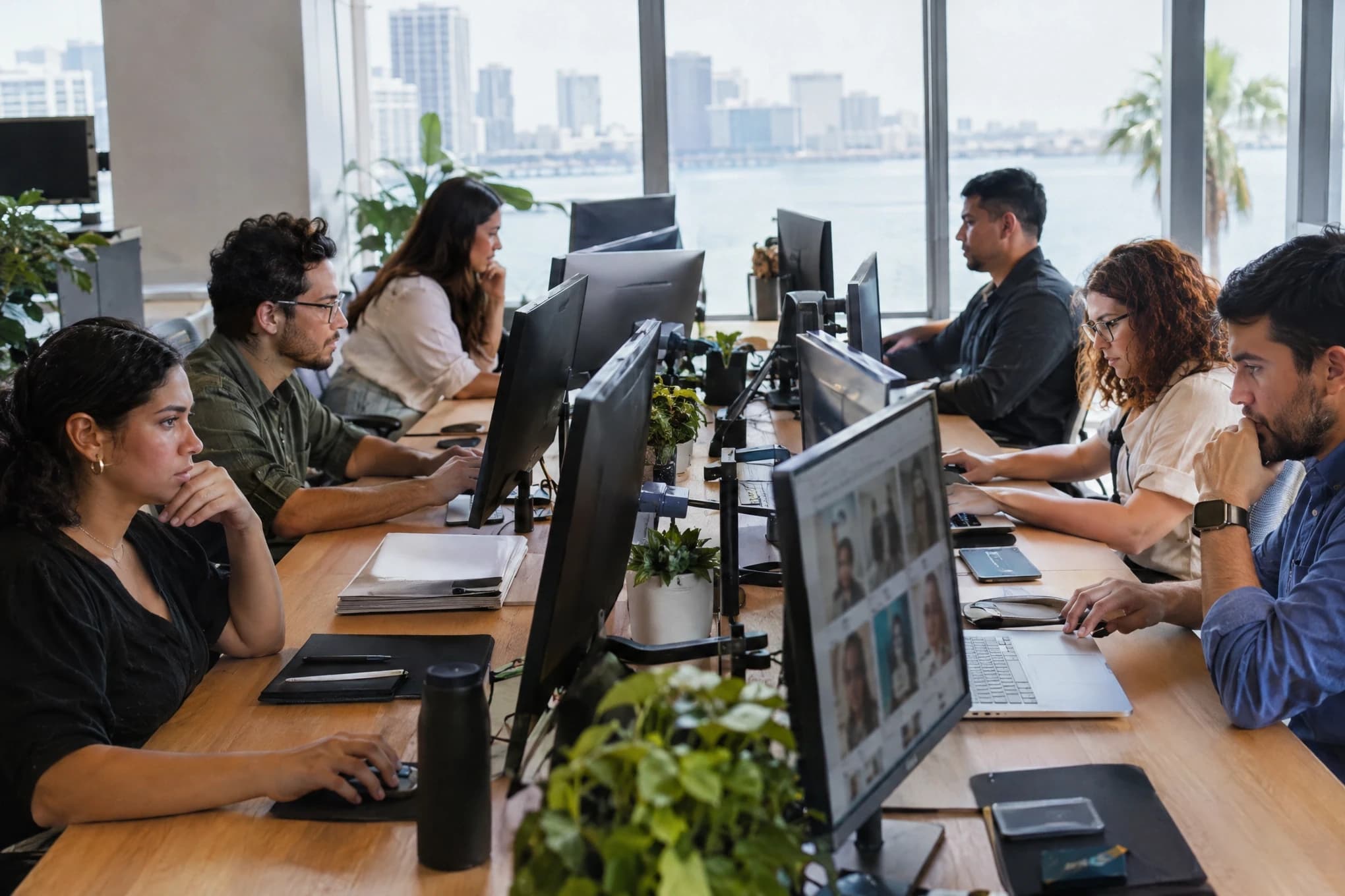 Seis analistas comparan páginas web y perfiles de reseñas desenfocados en varios monitores