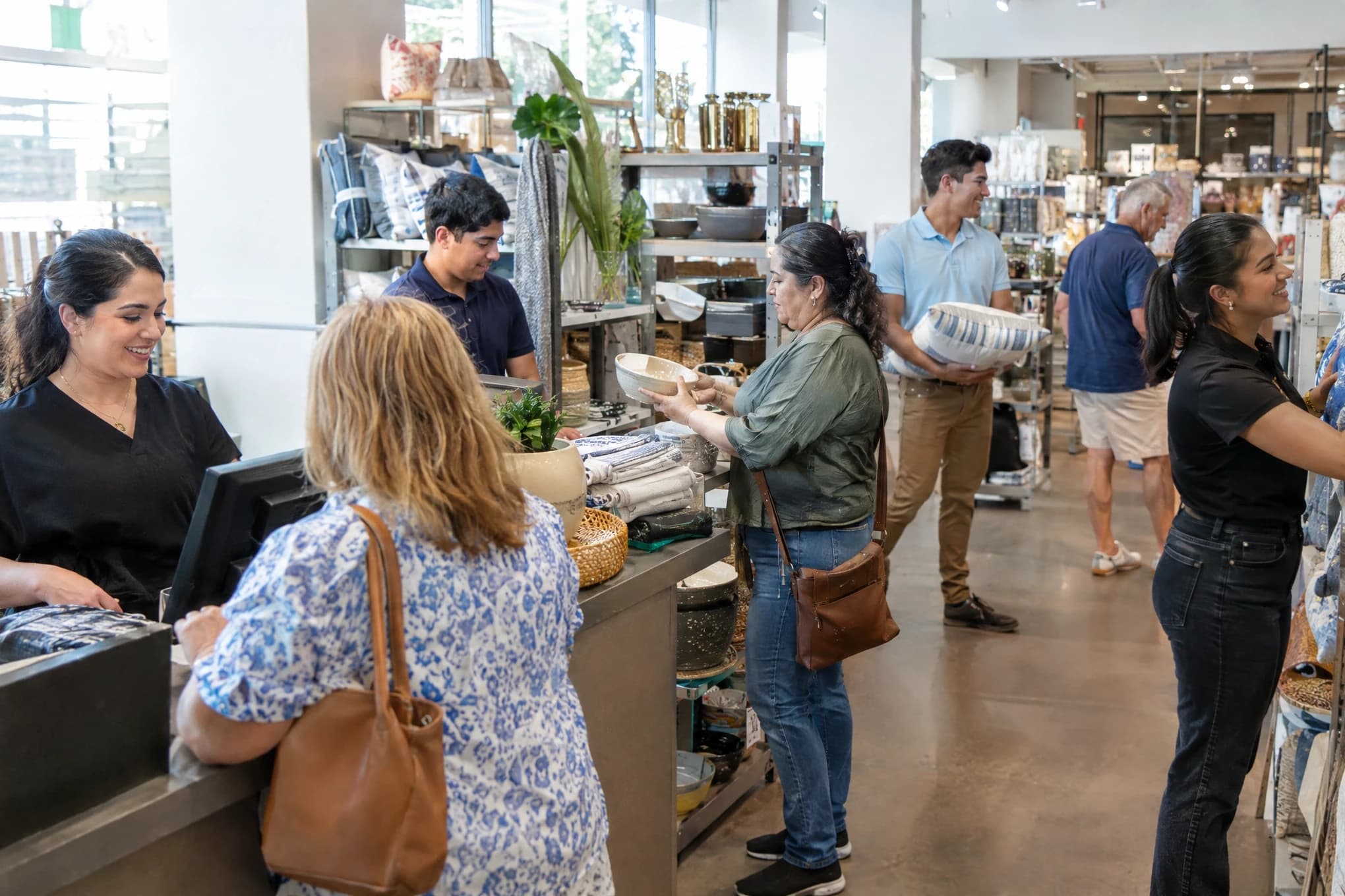 Seis empleados bilingües de una tienda grande de artículos para el hogar atienden a clientes