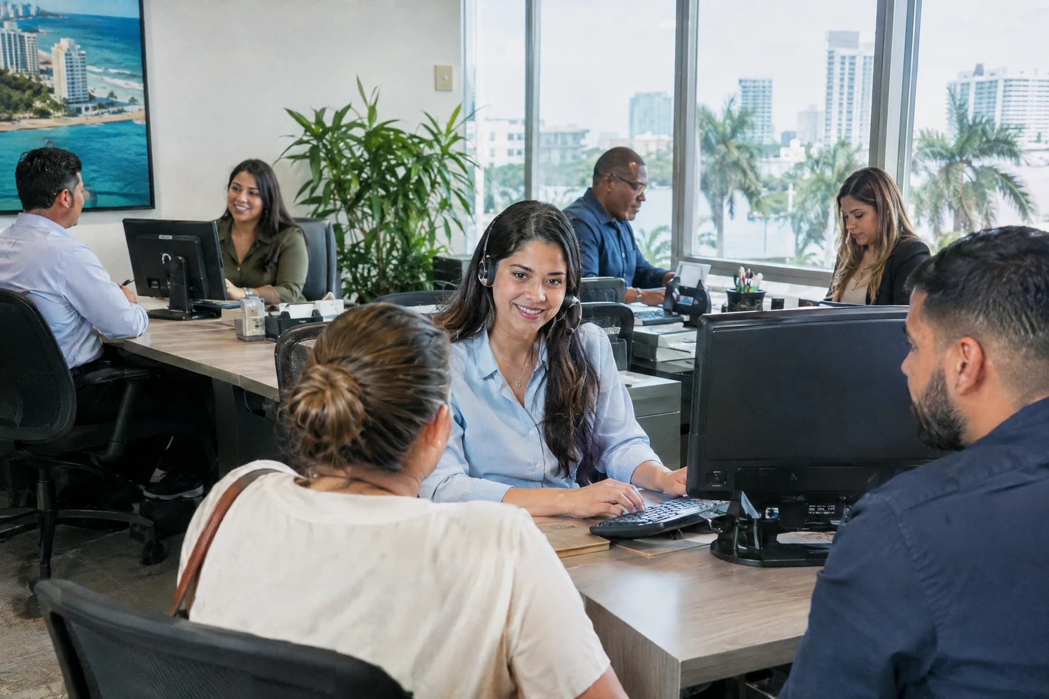 El equipo bilingüe de una agencia de seguros grande en Miami atiende a clientes en varios escritorios
