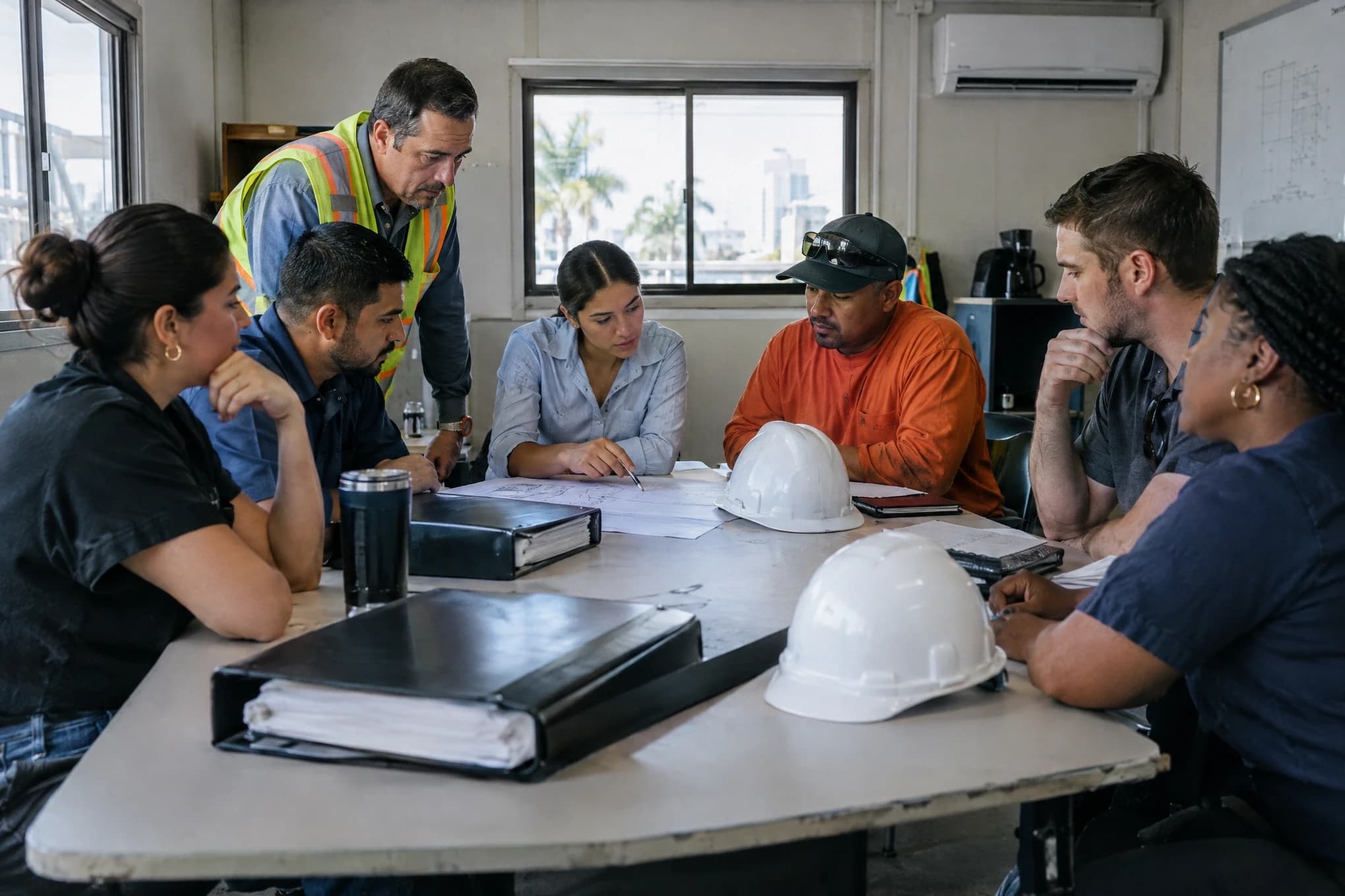 A mid-size construction company's office and field team plan in a site office
