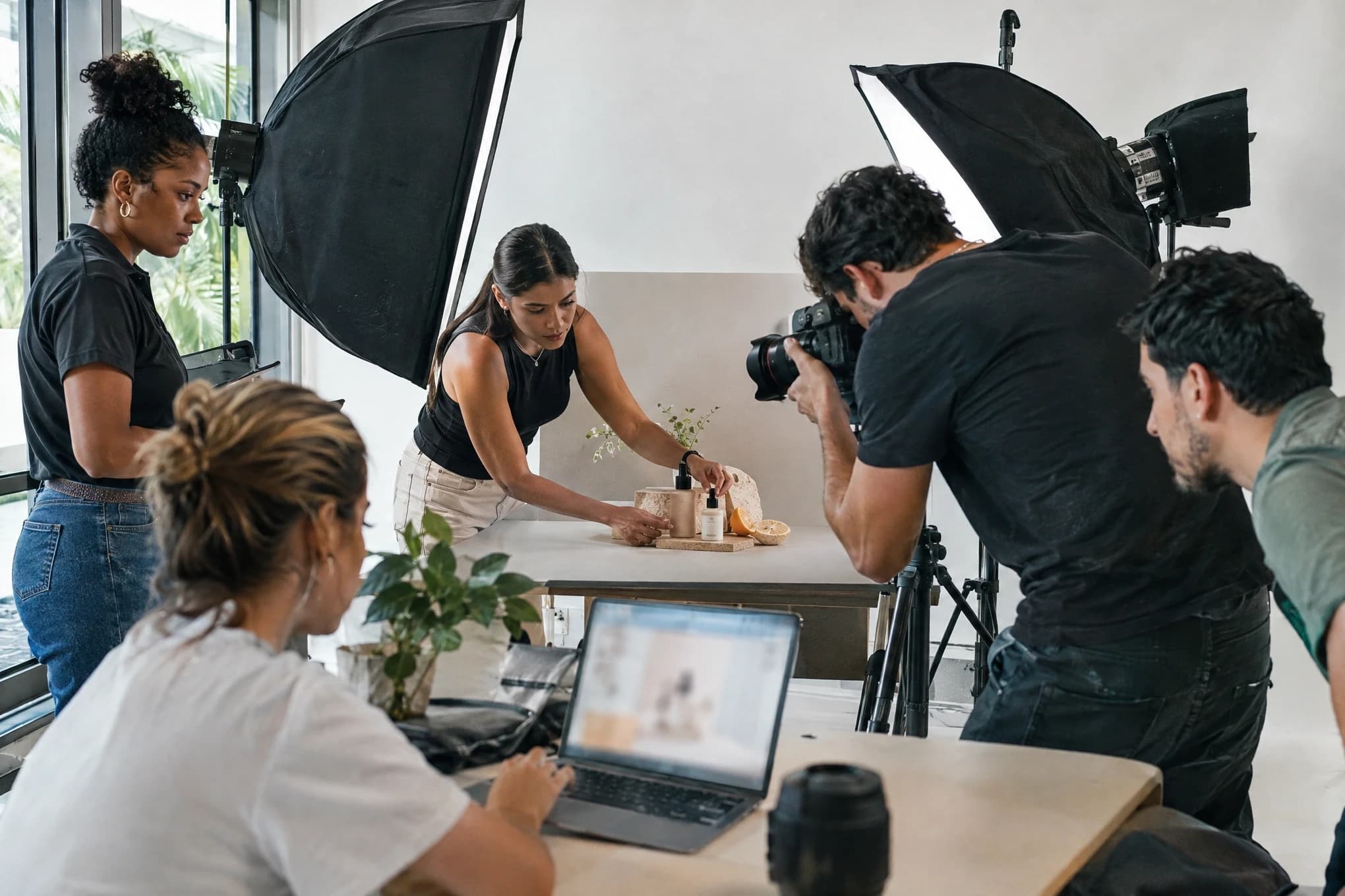 Un equipo creativo de seis personas fotografía productos en un estudio con luces y revisa en un portátil
