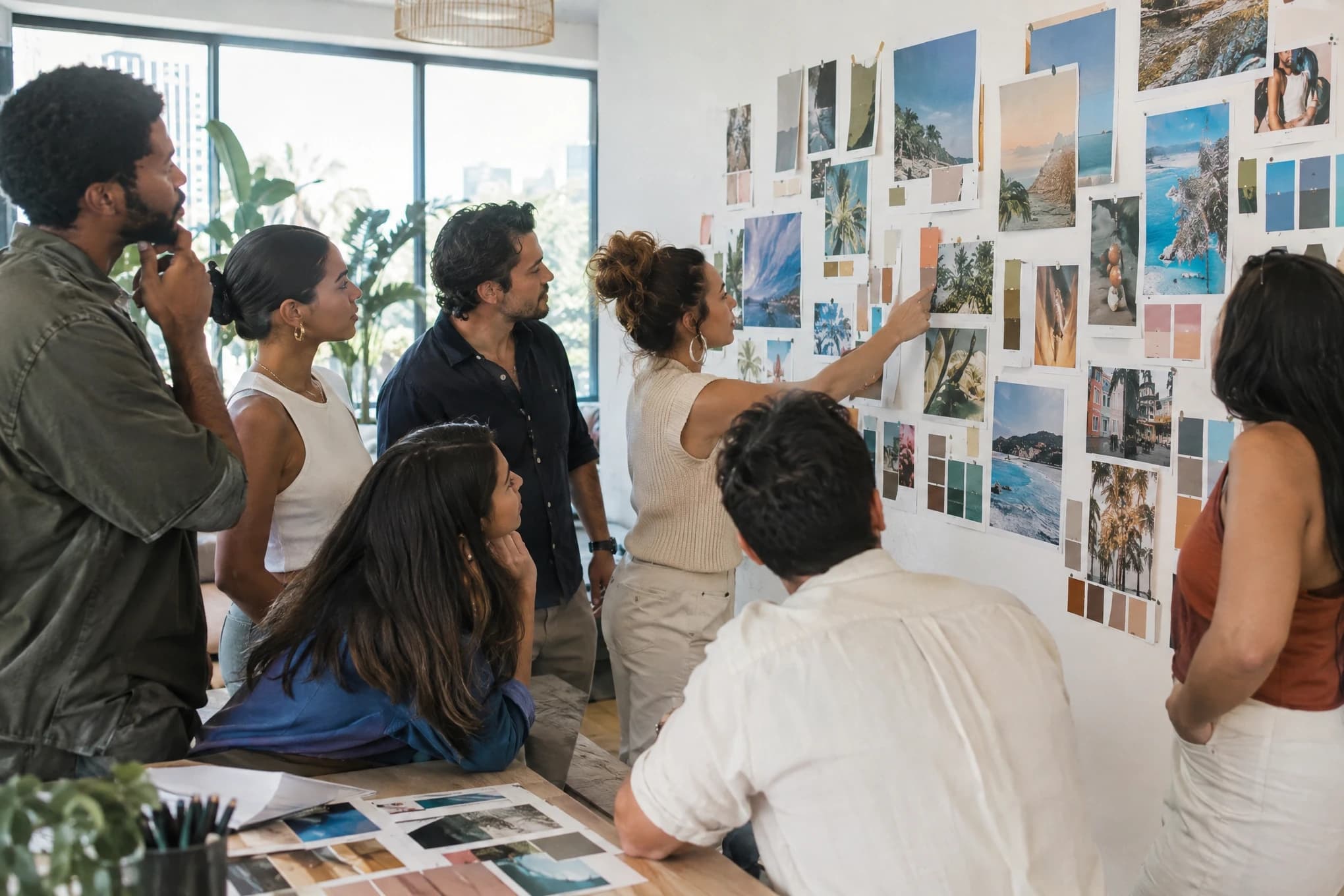 A seven-person creative team reviews brand mood boards with photos and colors on a studio wall
