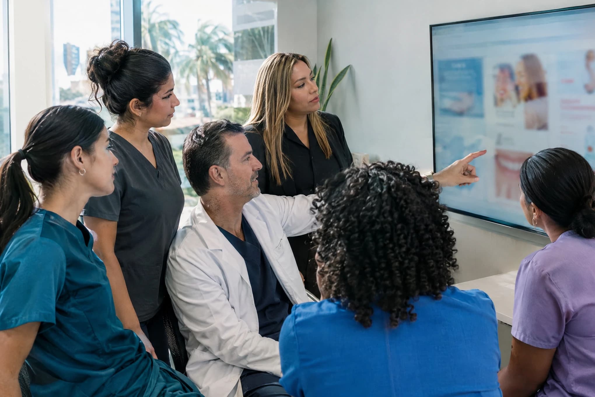 A dentist, the manager and four staff review blurred service pages on a large monitor