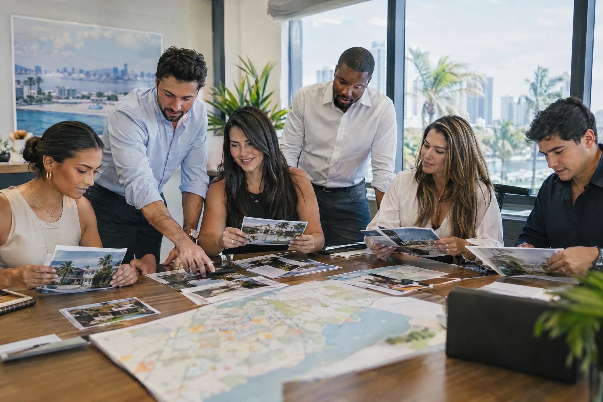 Un equipo inmobiliario de seis personas prepara guías de barrios con fotos impresas y un mapa desenfocado