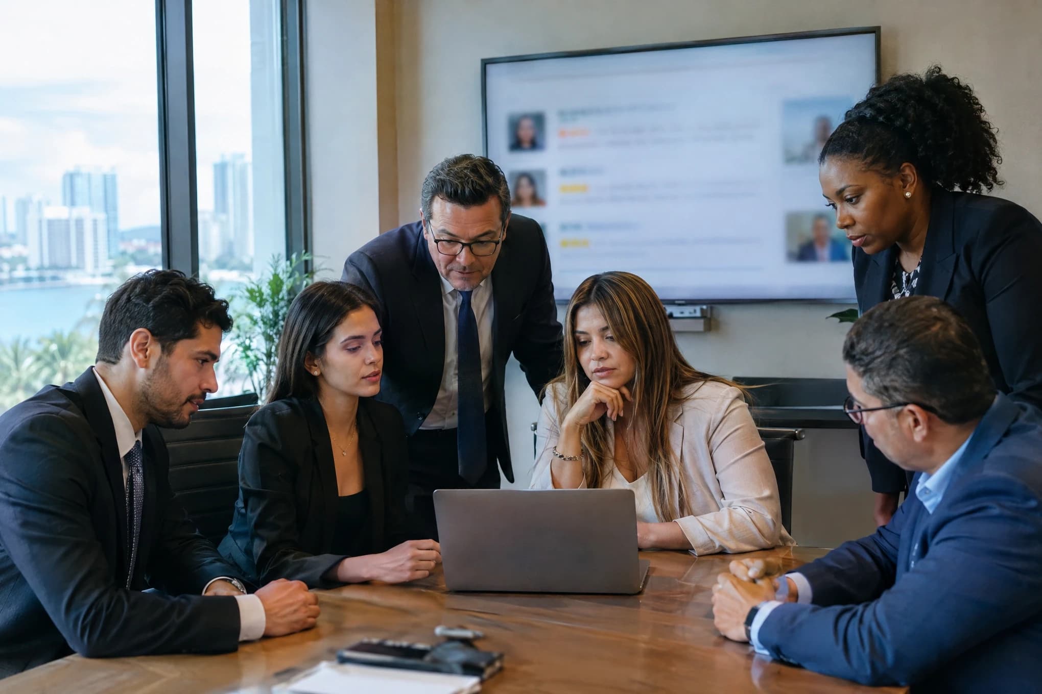 Six lawyers and staff review blurred profiles and reviews on a laptop and wall screen