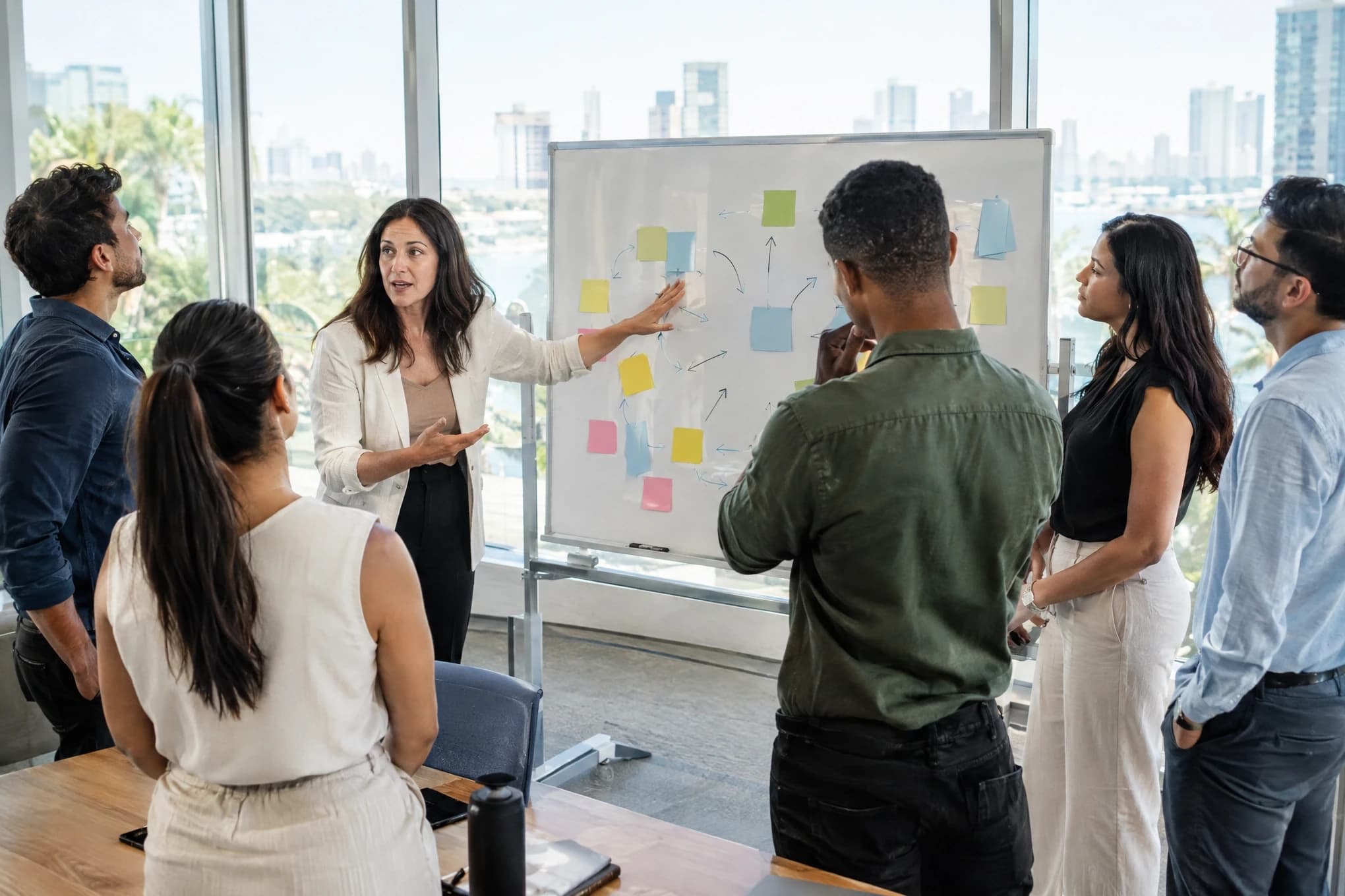 A six-person marketing team decides in front of a whiteboard with blank sticky notes