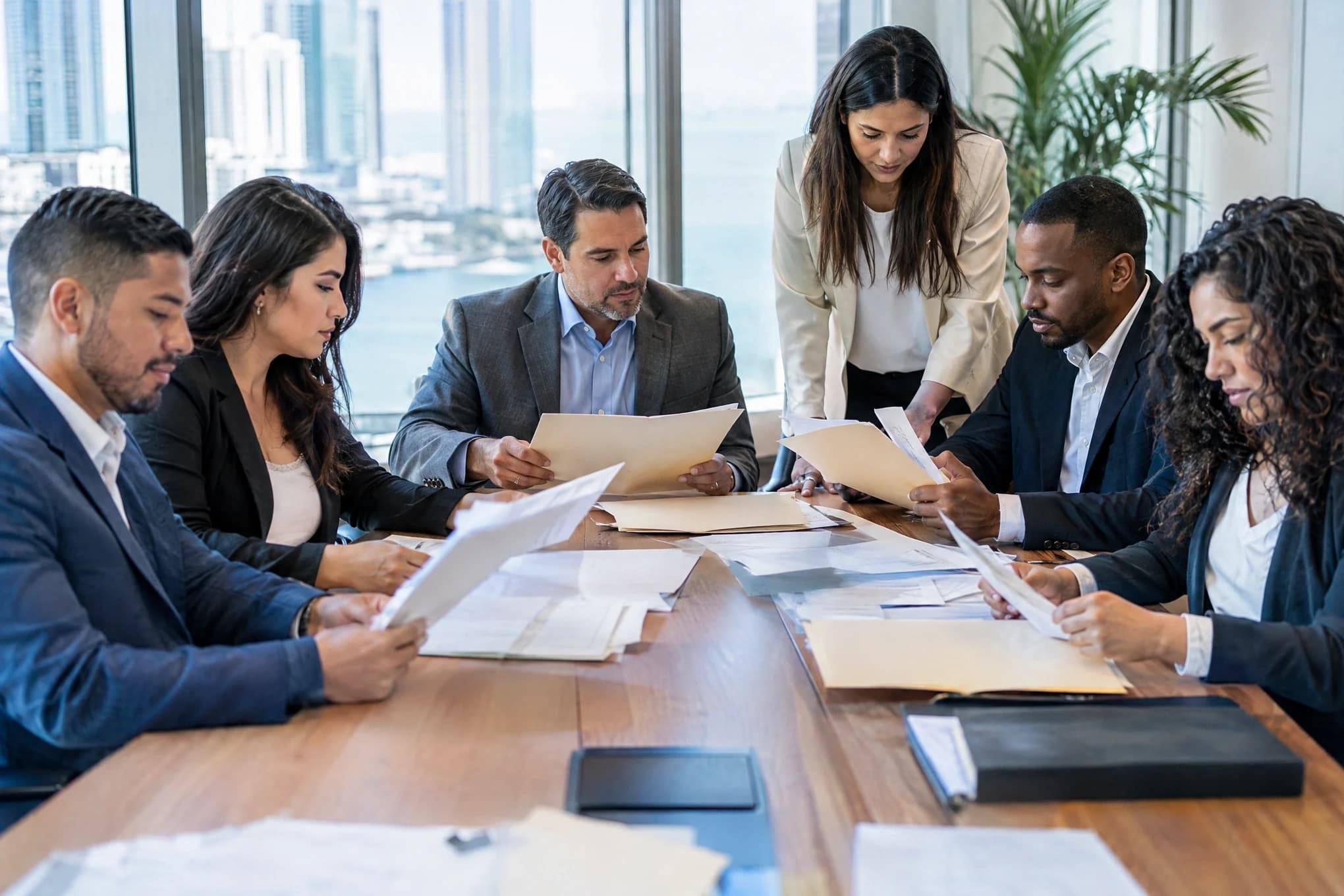 Six colleagues review folders and unreadable papers on a long table in a bright meeting room