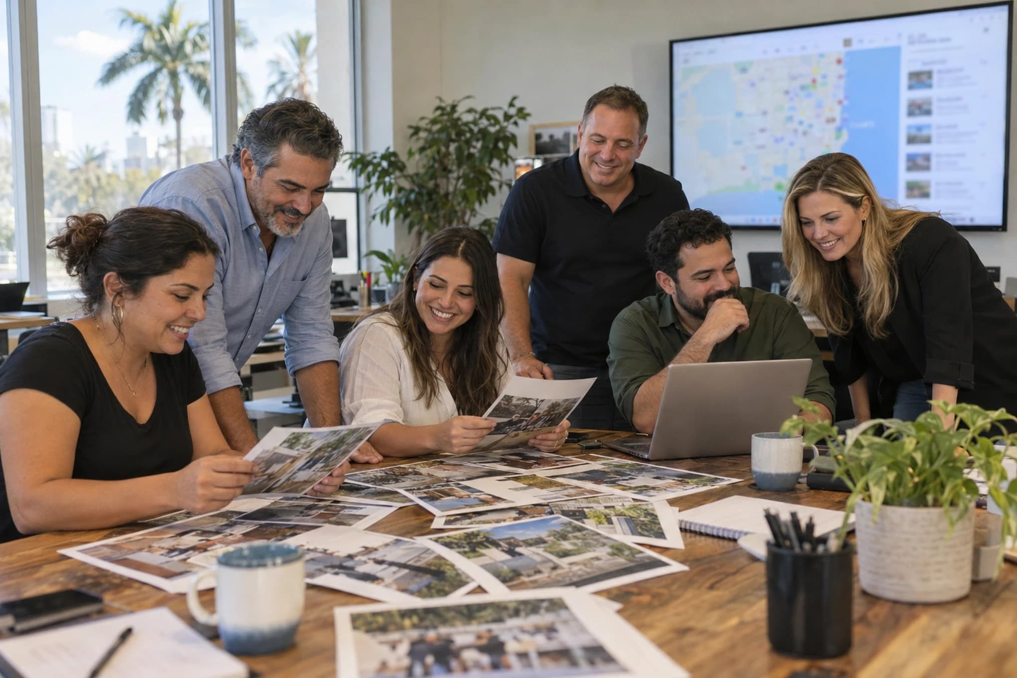 Un equipo de seis personas en la oficina de un negocio de servicios revisa en una laptop y una pantalla la ficha de Google de la empresa, mientras dos compañeros seleccionan fotos del equipo impresas sobre la mesa