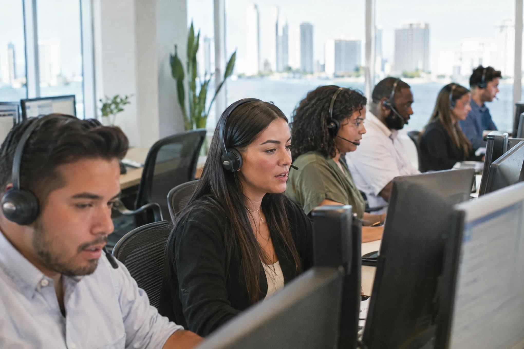 A seven-person sales team makes follow-up calls and checks a blurred CRM