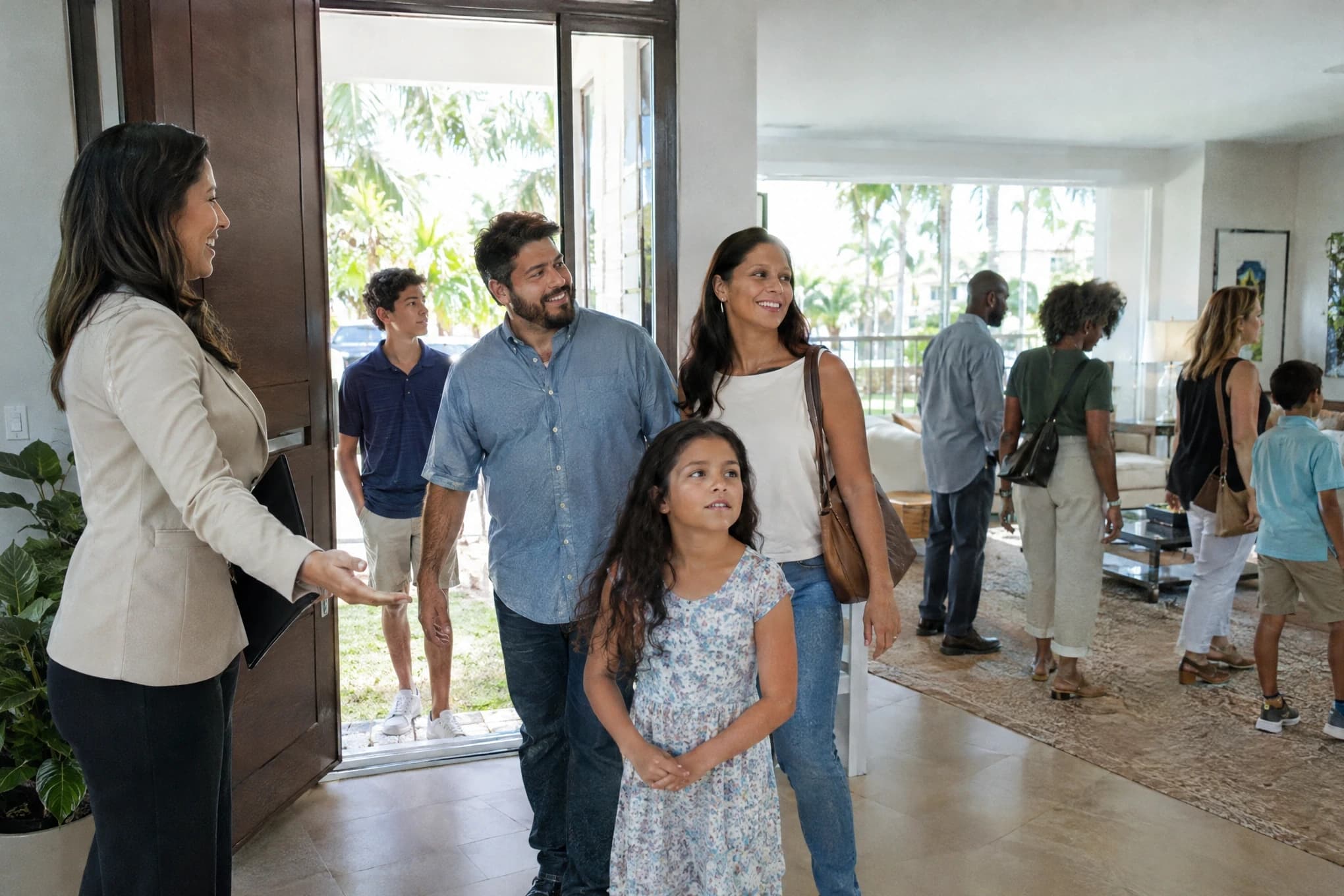 Varias familias visitan una casa abierta en Florida mientras la agente las recibe en la entrada