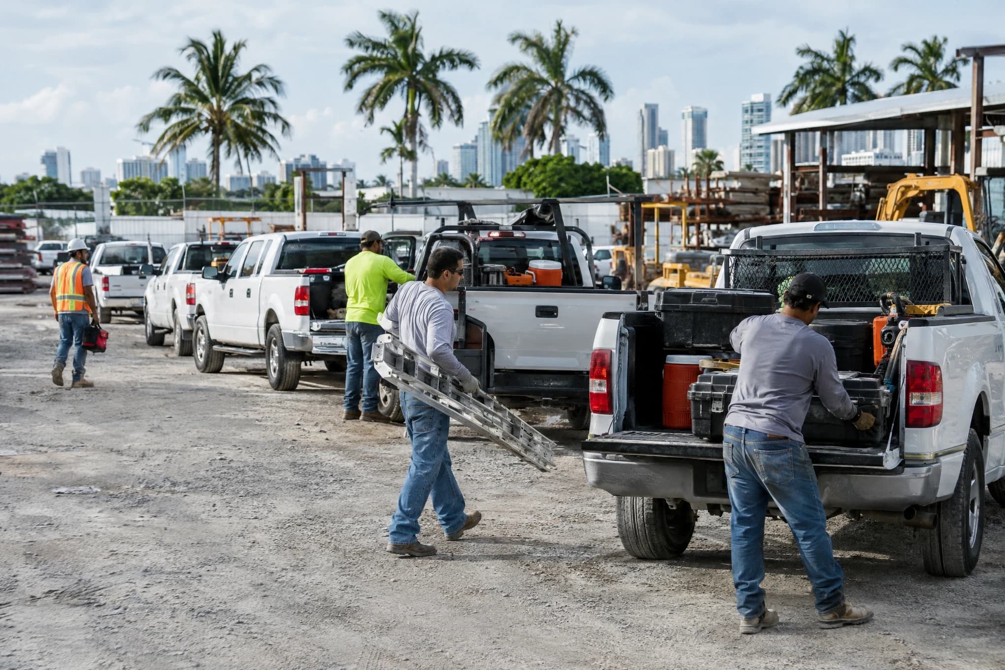 Una cuadrilla carga equipos en una fila de camionetas blancas de trabajo en el patio de una empresa de construcción