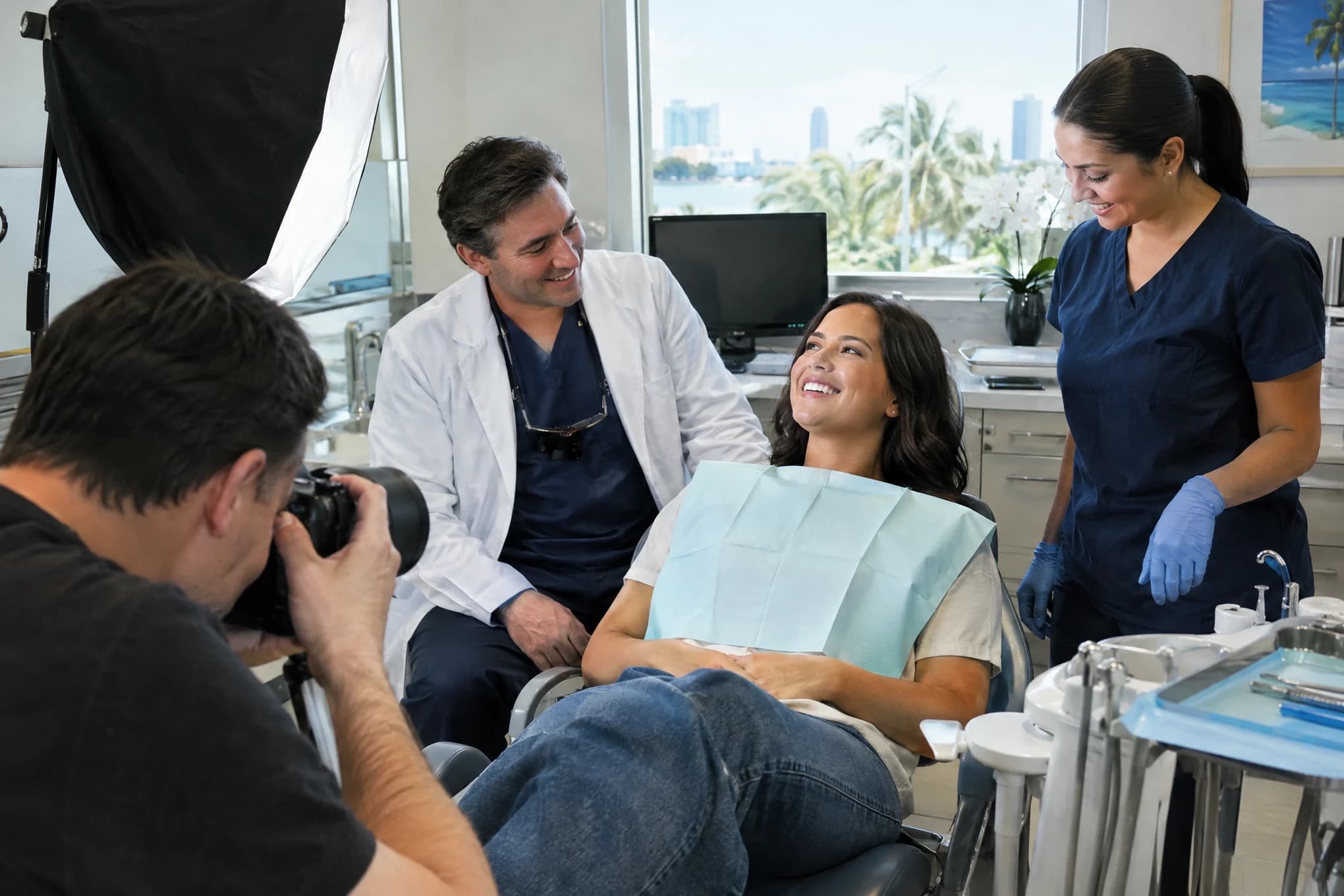 A photographer shoots a smiling patient in the dental chair while the dentist and an assistant watch