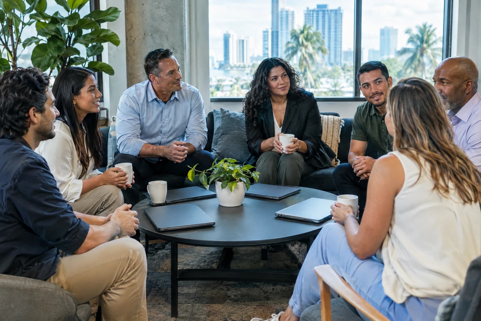 Three managers and four employees of a mid-size company talk over coffee in an office lounge