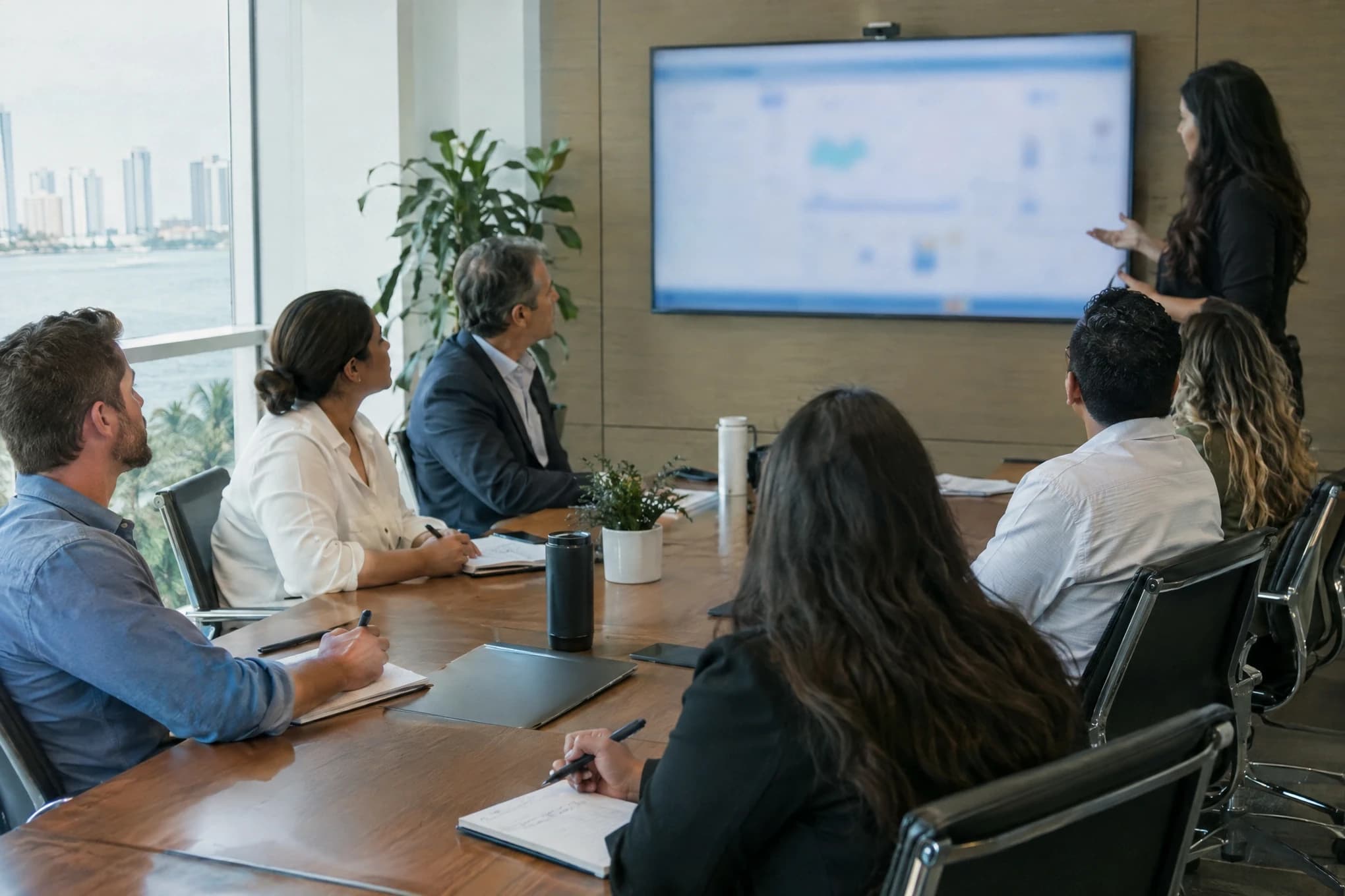 Tres gerentes y tres empleados evalúan una demostración de software en una pantalla desenfocada
