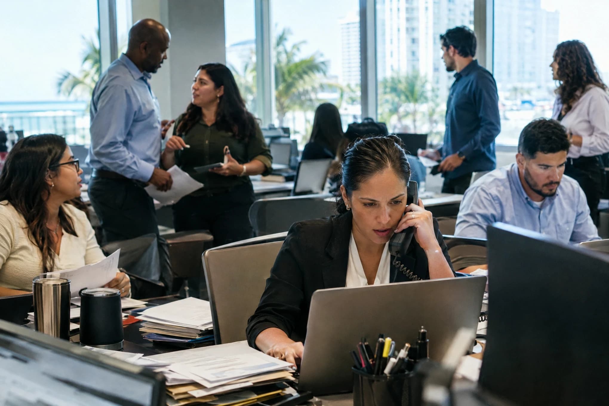 Gerentes de una empresa ocupada atienden llamadas, portátiles y papeles mientras los empleados esperan
