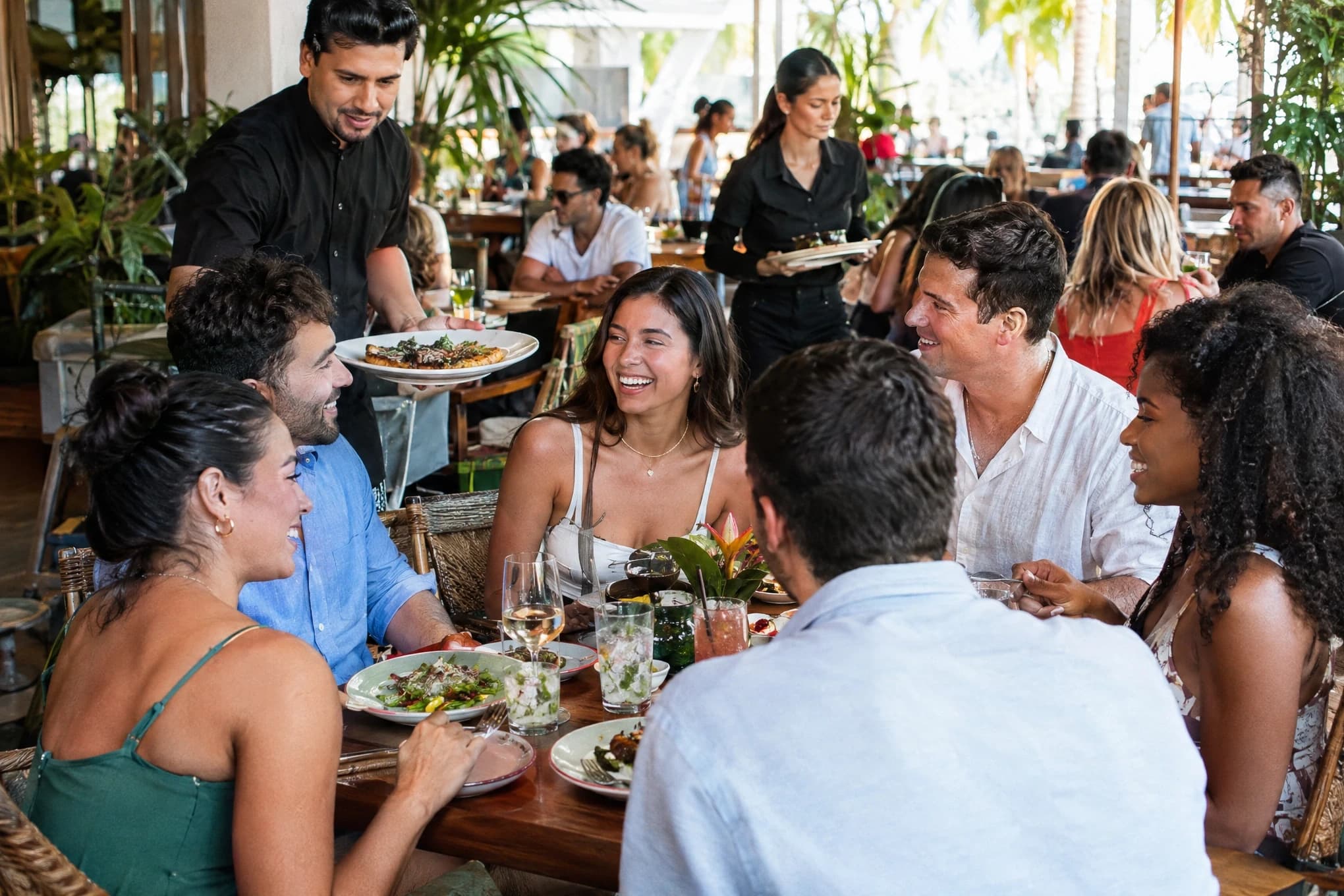 Un grupo de amigos cena en un restaurante animado de Miami mientras los meseros sirven los platos