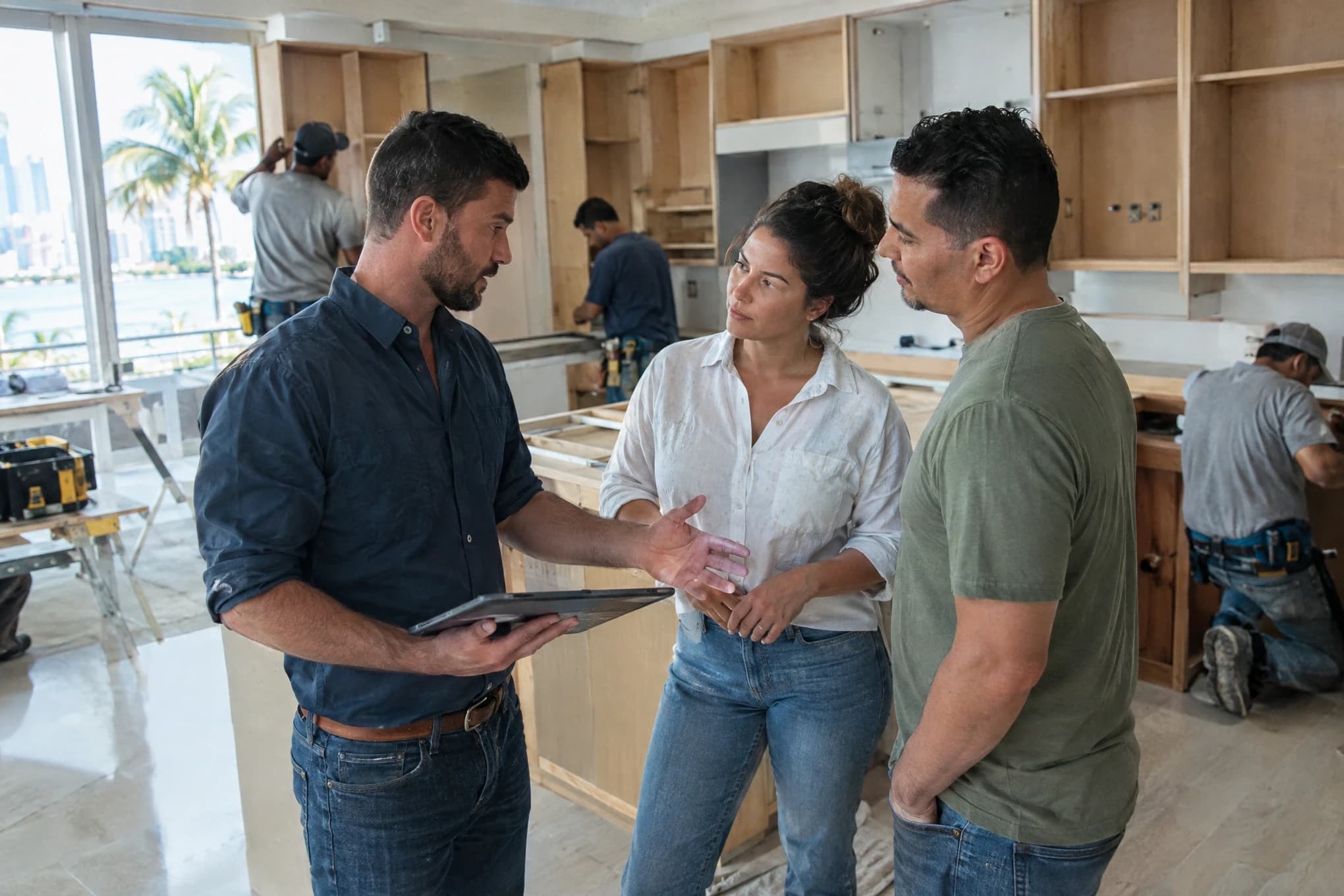 A project manager explains a kitchen remodel to a couple while four workers install cabinets