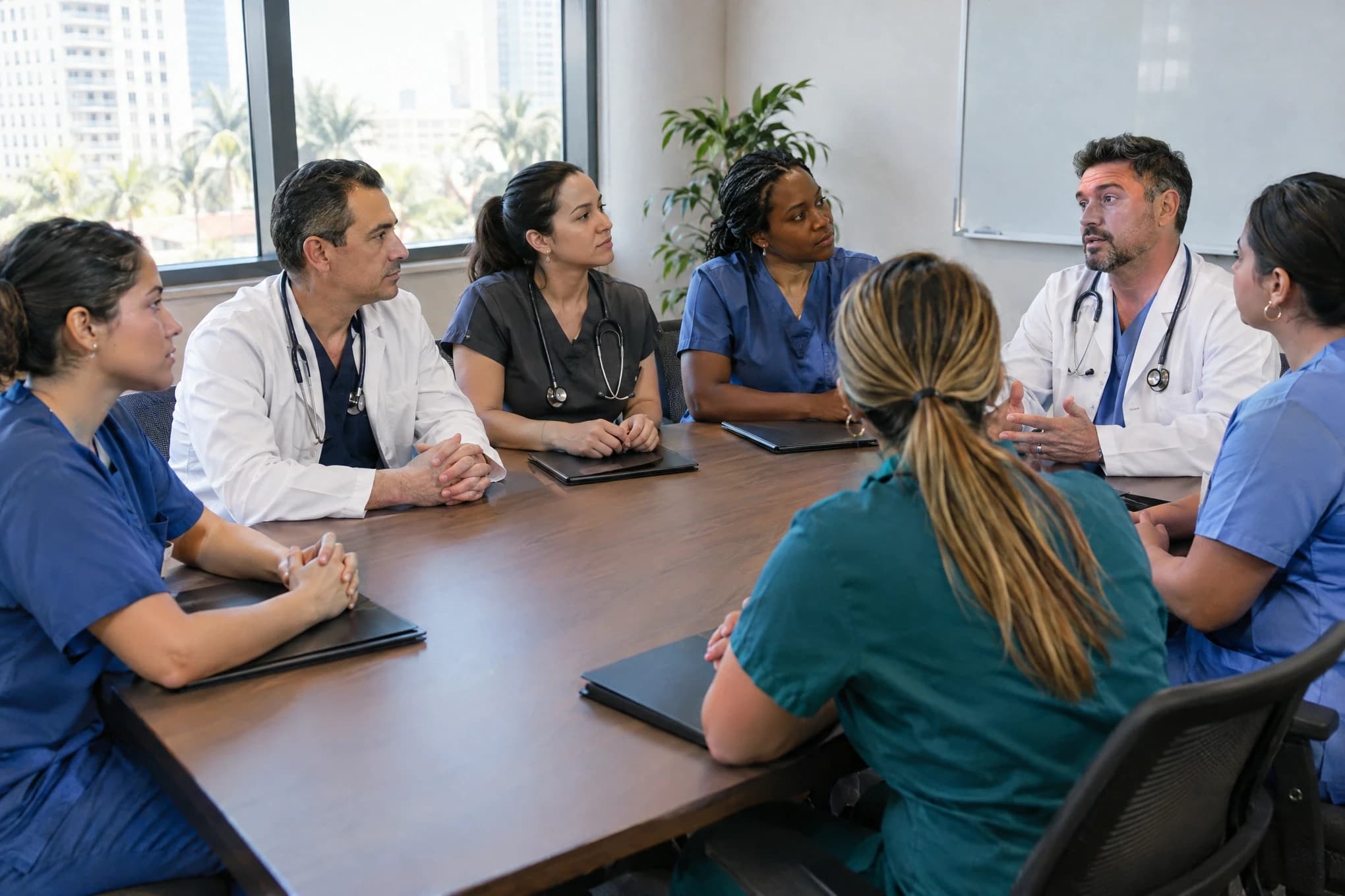 Tres médicos y cuatro enfermeras hacen una reunión de equipo en la sala de una clínica