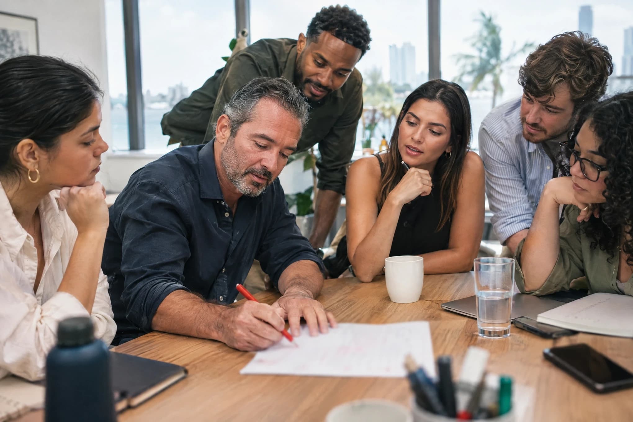 A copywriter marks up a printed draft with a red pen while five teammates comment at the same table