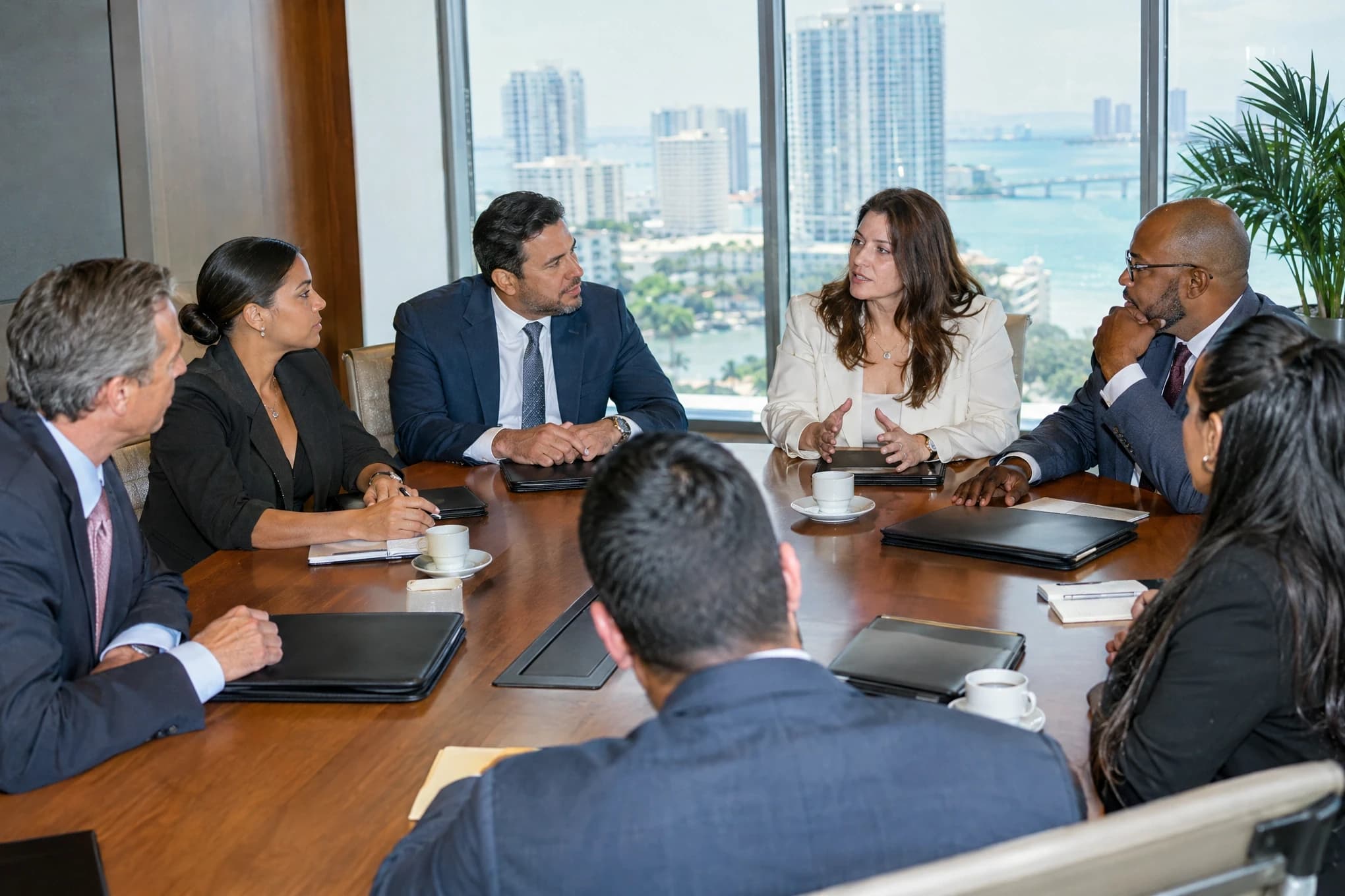 Seven law firm partners and associates plan the week around a table with closed folders