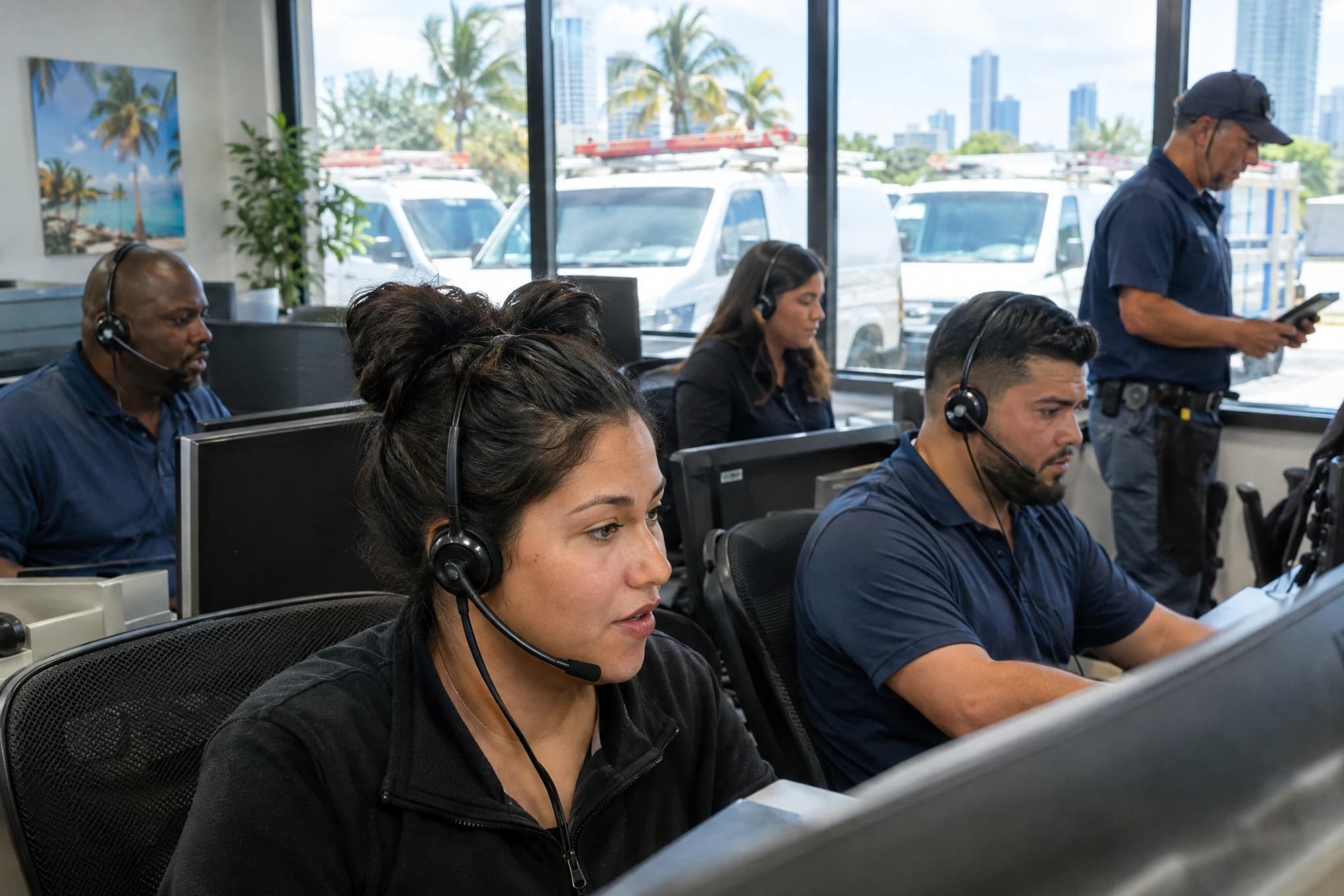 Despachadores y técnicos de una empresa de plomería grande atienden llamadas urgentes en su oficina