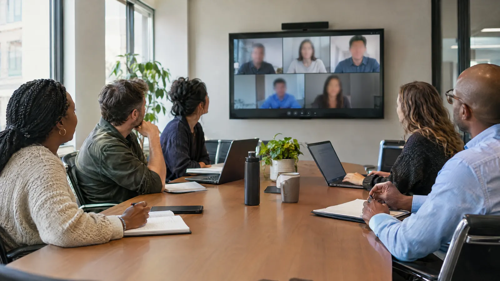 Reunión híbrida en la sala de juntas de una empresa