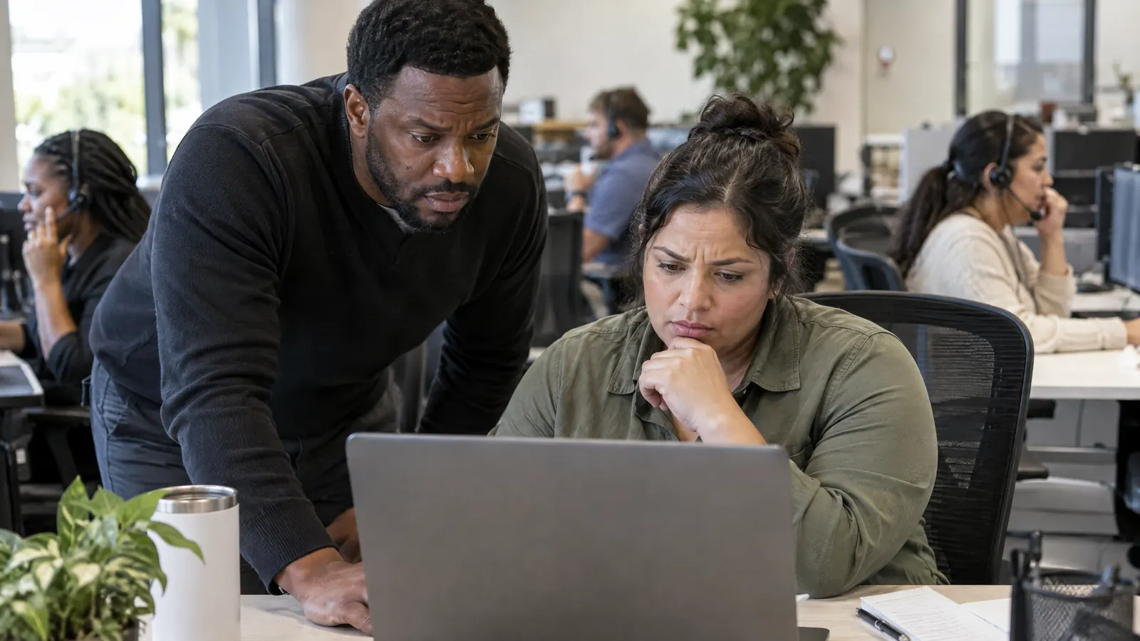Managers at a home services company looking concerned at a laptop