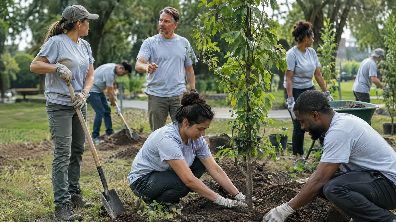 Empleados de una constructora plantando árboles en un parque
