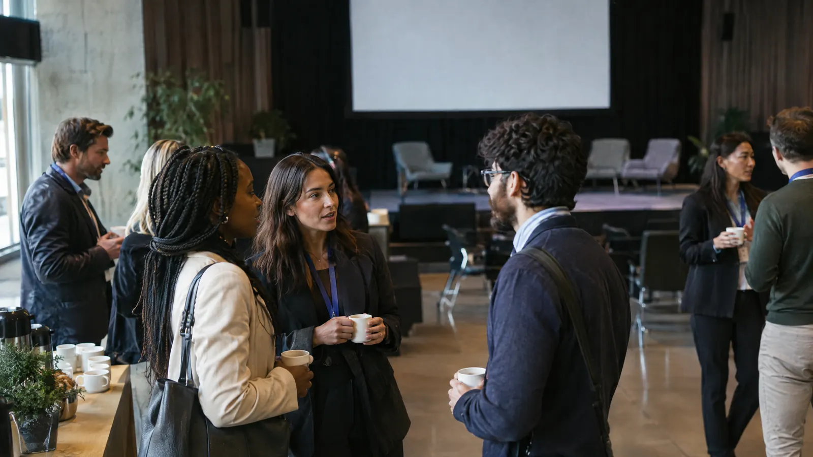 Professionals networking at a marketing conference