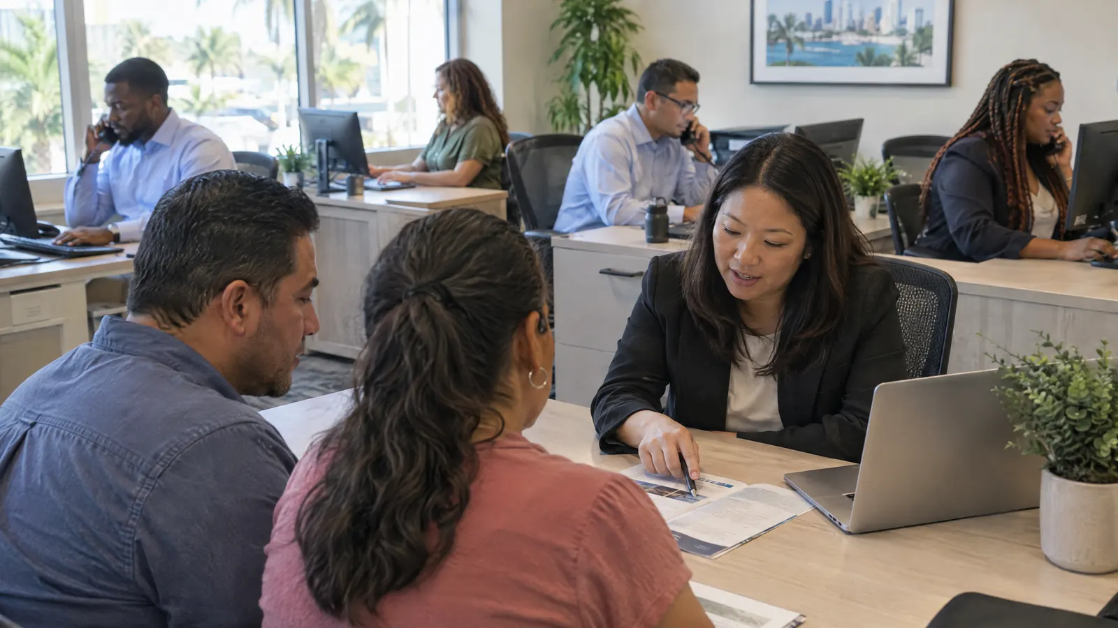 An insurance agent explaining a policy to a couple in an office full of agents